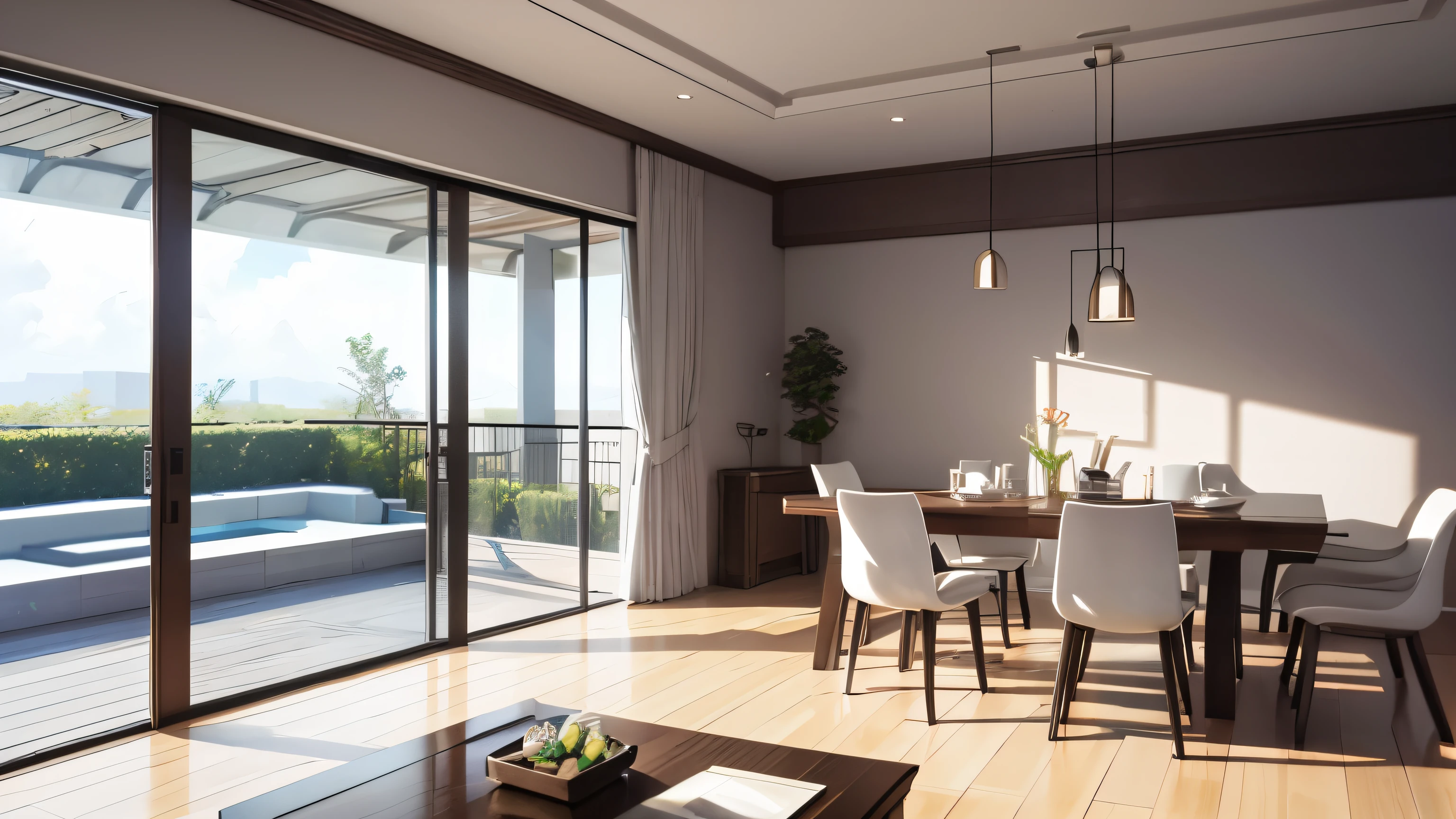 you are a famous interior designer、I was asked to create a 3D image of a large modern room.。. Create a harmonious environment with modern and minimalist furniture. Including garden interior.