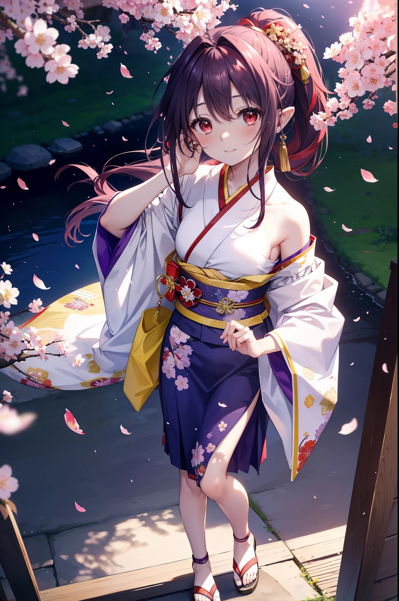 yuukikonno, Yuki Konno, hair band, long hair, pointed ears, purple hair, low ponytail,(red eyes:1.5), (small breasts:1.2), open your mouth,blush,smile,blush,Yellow floral pattern gorgeous kimono,Large sleeves,Zori sandals,Cherry blossom tree-lined path,The cherry blossoms have bloomed,Cherry blossoms are scattered,morning,spring,walk, 
break looking at viewer, Upper body, whole body,
break outdoors, In town,
break (masterpiece:1.2), highest quality, High resolution, unity 8k wallpaper, (figure:0.8), (detailed and beautiful eyes:1.6), highly detailed face, perfect lighting, Very detailed CG, (perfect hands, perfect anatomy),