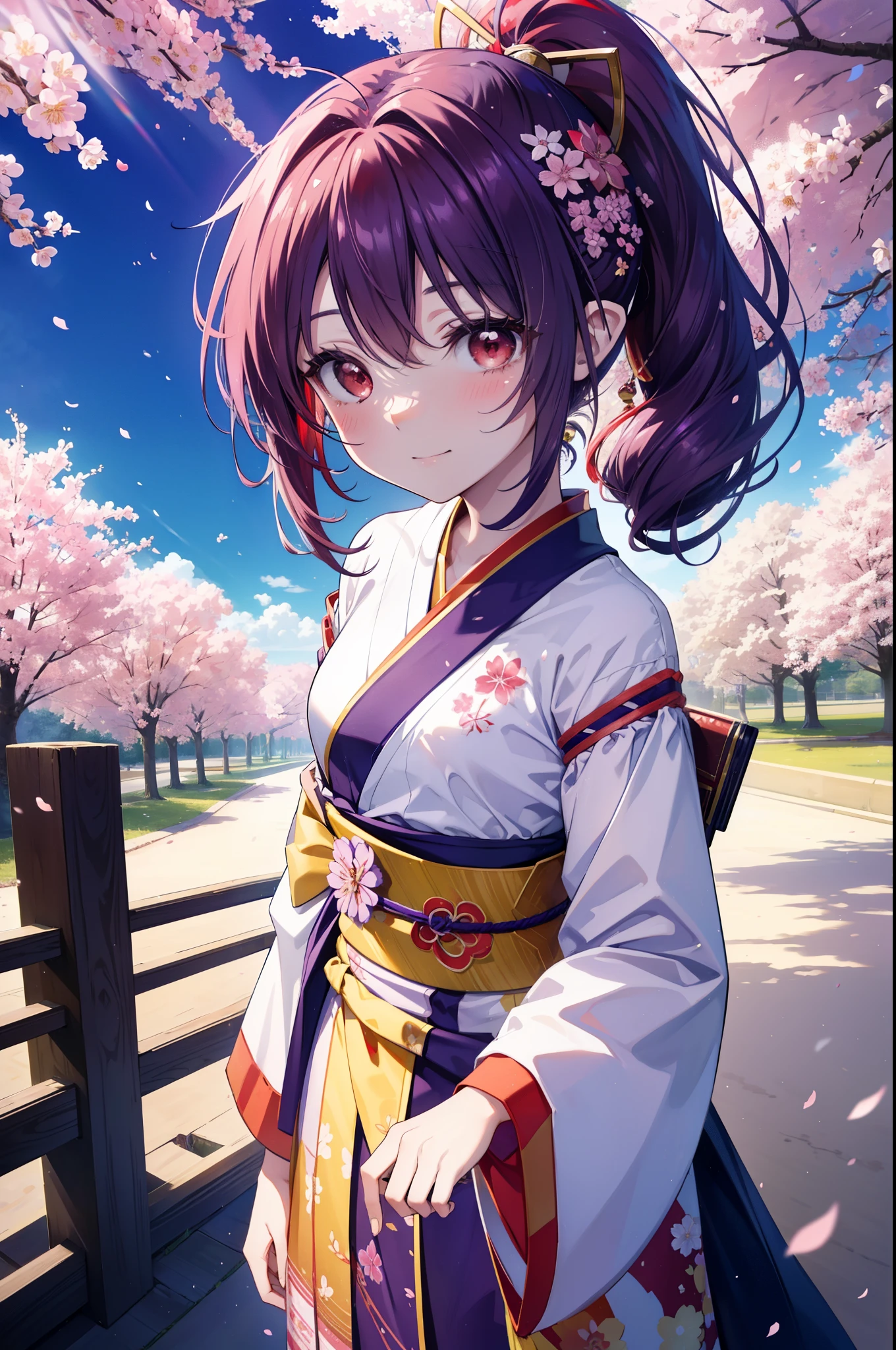 yuukikonno, Yuki Konno, hair band, long hair, pointed ears, purple hair, low ponytail,(red eyes:1.5), (small breasts:1.2), open your mouth,blush,smile,blush,Yellow floral pattern gorgeous kimono,Large sleeves,Zori sandals,Cherry blossom tree-lined path,The cherry blossoms have bloomed,Cherry blossoms are scattered,morning,spring,walk, 
break looking at viewer, Upper body, whole body,
break outdoors, In town,
break (masterpiece:1.2), highest quality, High resolution, unity 8k wallpaper, (figure:0.8), (detailed and beautiful eyes:1.6), highly detailed face, perfect lighting, Very detailed CG, (perfect hands, perfect anatomy),