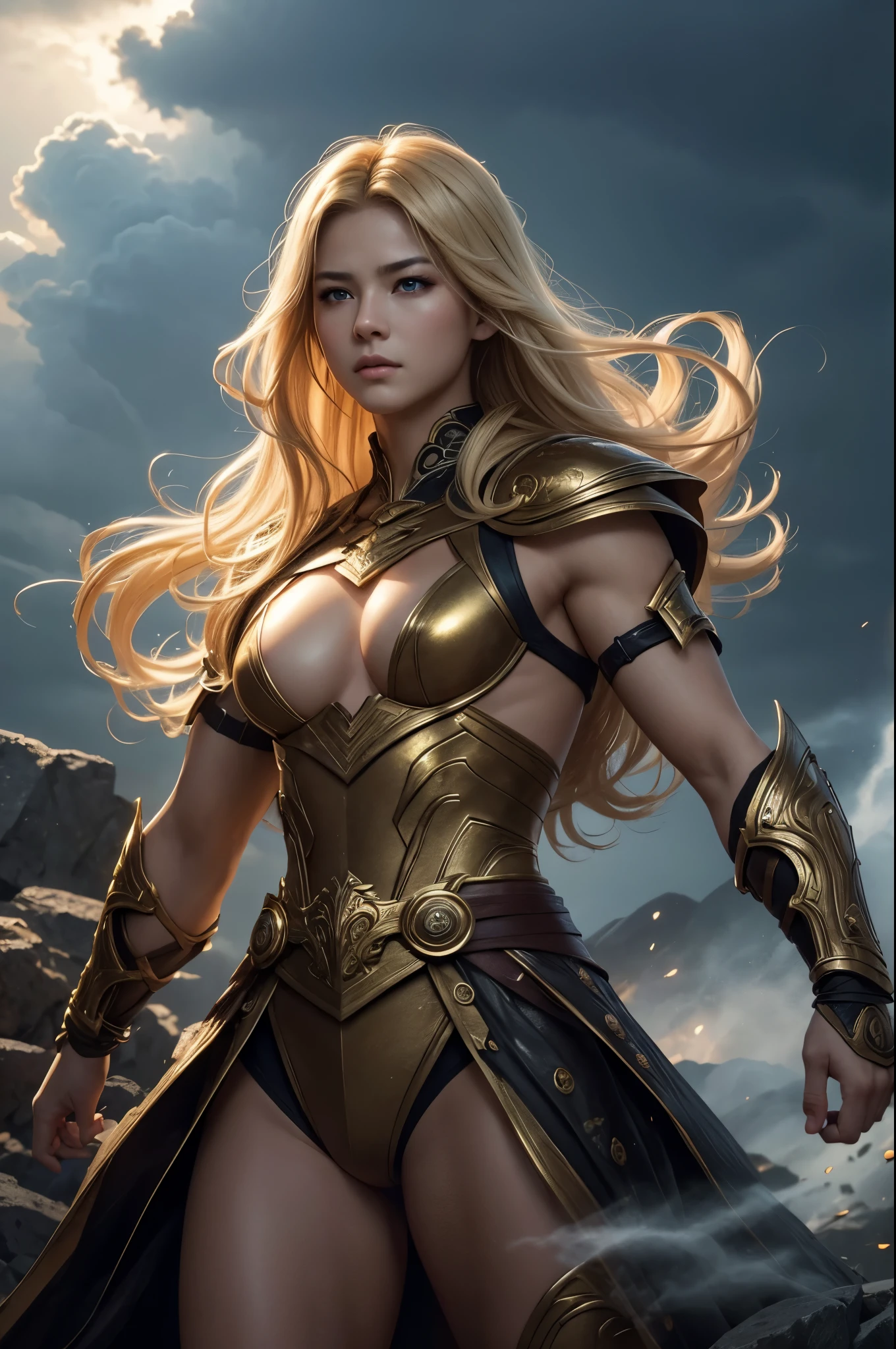 8k、alone、16 year old thunder goddess,Super beautiful(like the real thing),golden eyes,Super beautiful,beautiful blonde,goddess makeup,豪華な黒の小さな胸のsexyなロングドレス,sexy.golden decoration,,Remains,amazing work of art、wind effect:1.9、cloud effect:1.2、thundercloud,violent and strong lightning(most),full rendering、unreal engine,ultra high resolution,super realistic skin,Super precise hand details,fantasy art,battle scene,action scene,action pose,fighting style,Photorealistic RAW photos of the highest quality。Backlight, cinematic lighting, film grain, to be born, 50mm lens, Nikon D850,realistic skin,fantasy art,character art,ultra high resolution,Macho with a muscular slender body,Precise facial details,fighting pose,dynamic pose,grim expression,Improve the quality of facial expressions,perspective from above,accurate human body structure,perfect hands,golden hair ornament,