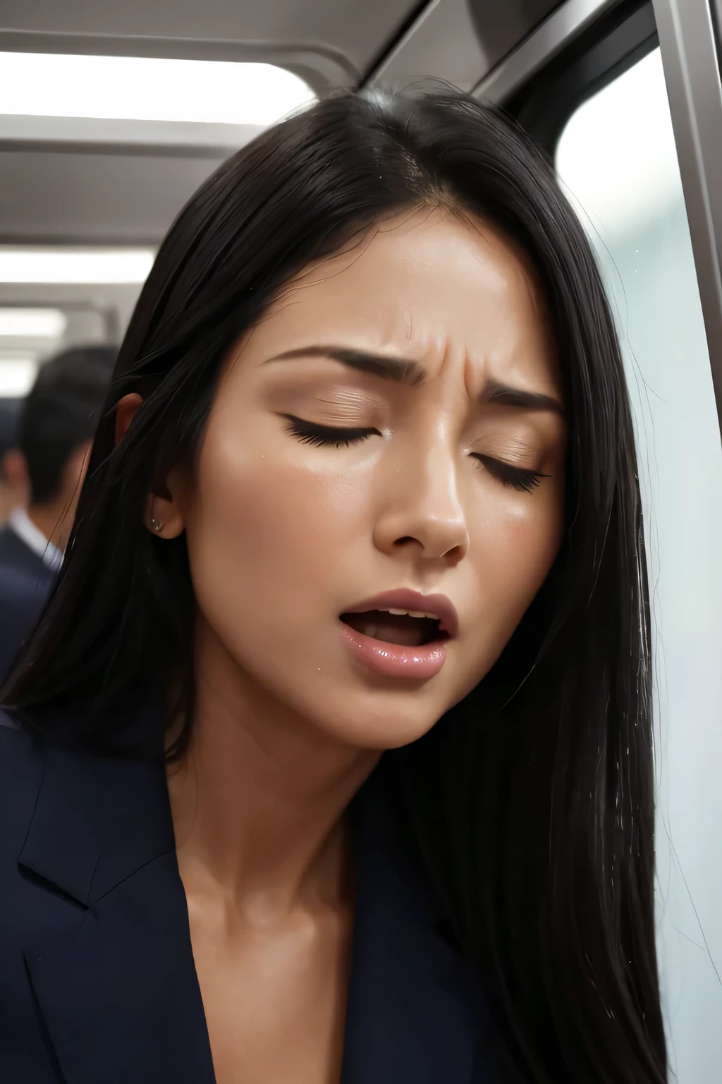 1 girl,pieces fly,,award winning photos, very detailed, edge orgasm,face focus, (woman with open mouth and closed eyes ), 30 years old、black hair、shiny skin、close up of face,from below、realistic nostrils、elongated nasal passages,,、train、(train車内)、congestion、Are standing、((suit))、big breasts、tears、crying face、