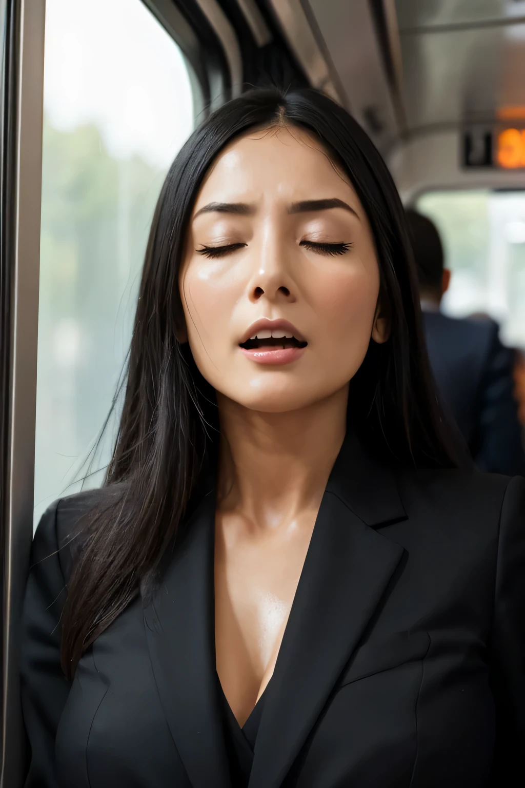 1 girl,debris flies,,Award-winning photo, very detailed, edge orgasm,face focus, (woman with open mouth and closed eyes ), 30 years old、black hair、shiny skin、close up of face,from below、realistic nostrils、elongated nasal cavity,、train、(train車内,at the window)、congestion、rush hour commute,Are standing、Surrounded by 6 male passengers((suit))、man behind２人Are standing,big breasts、(sharp nose)frown performance:1.4, concept,teeth,performance,facial performances,frown,please raise your head、Skin shiny with sweat