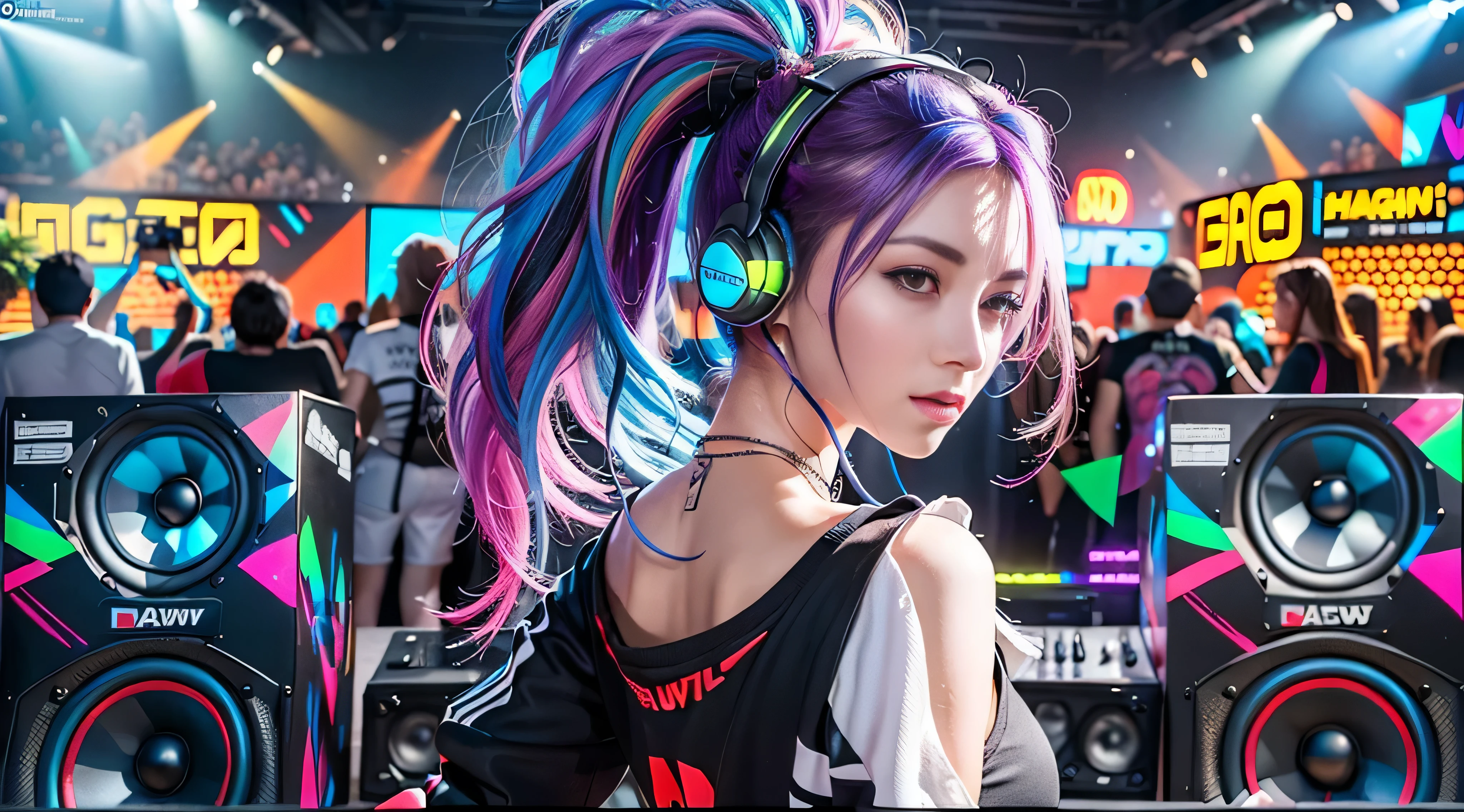 (RAW image quality:1.4)、Masseter muscle part、super fine、surreal、Beautiful female artist in DJ suit with black top and headphones、DJ set、good for sports、headphones dj rave, good for sports, headphones、party dj、dj rave party、CG station、(((huge speaker in the background)))、(((every wall is a speaker)))、(colorful hair)、shining hair、inner color、smoky,from the back