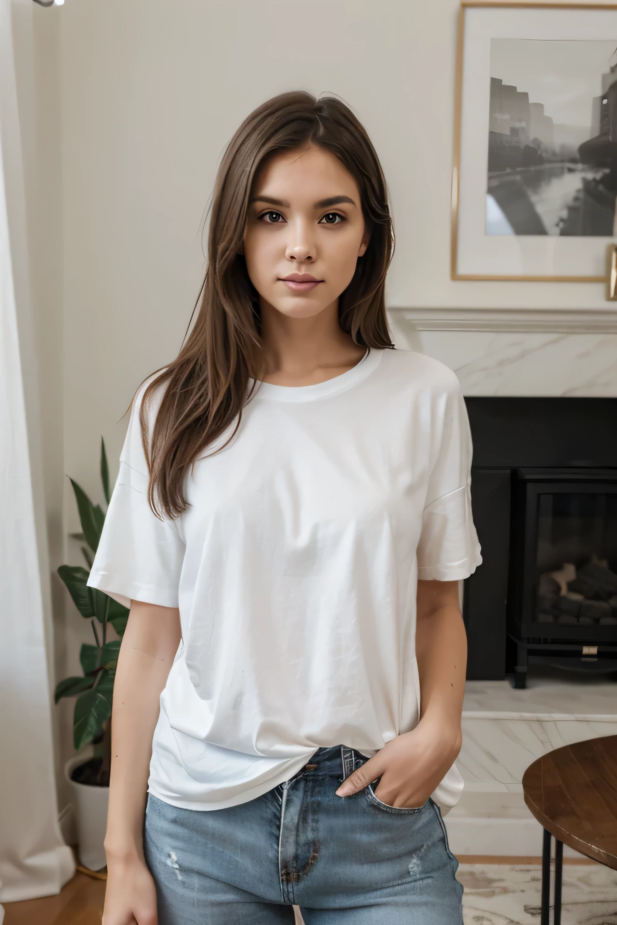 imagen_Tipo: Fashion Bosquejo | Gender: estilo de vida | Emotion: elegante | escena: A young woman wearing a high-quality blank Bella Canvas 3001 white oversize shirt short sleve for a Bosquejo design, centrándose en la textura de high resolution y los detalles de la ropa..| actoreujer joven | LOCATION Tipo: sala de estar | CAMERA MODEL: digital slr camera | camera lens: 50 mm f/1.4 | efectos especiales: Ninguno | Etiquetaoda, Bosquejo, estilo de vida, elegante, high resolution, camisa de alta calidad, en el 5to.2