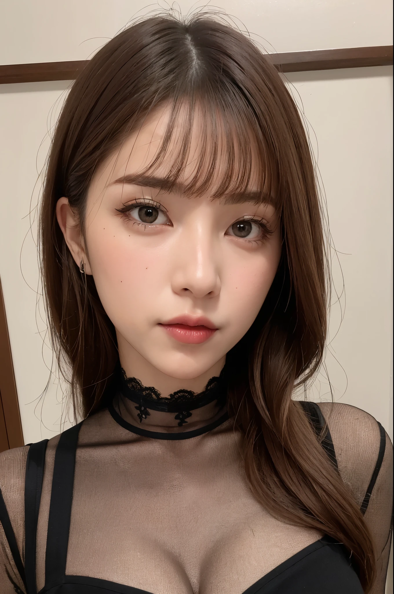 ulzzang-6500-v1.1, (RAW photo:1.2), (Photoreal), (See-through:1.3), (genuine:1.4), NSFW、super detailed,beautiful devil,Upper body,facing the front,looking at the viewer, wearing black, Wearing a long luxurious lace dress、super realistic pantyhose:1.4, 
