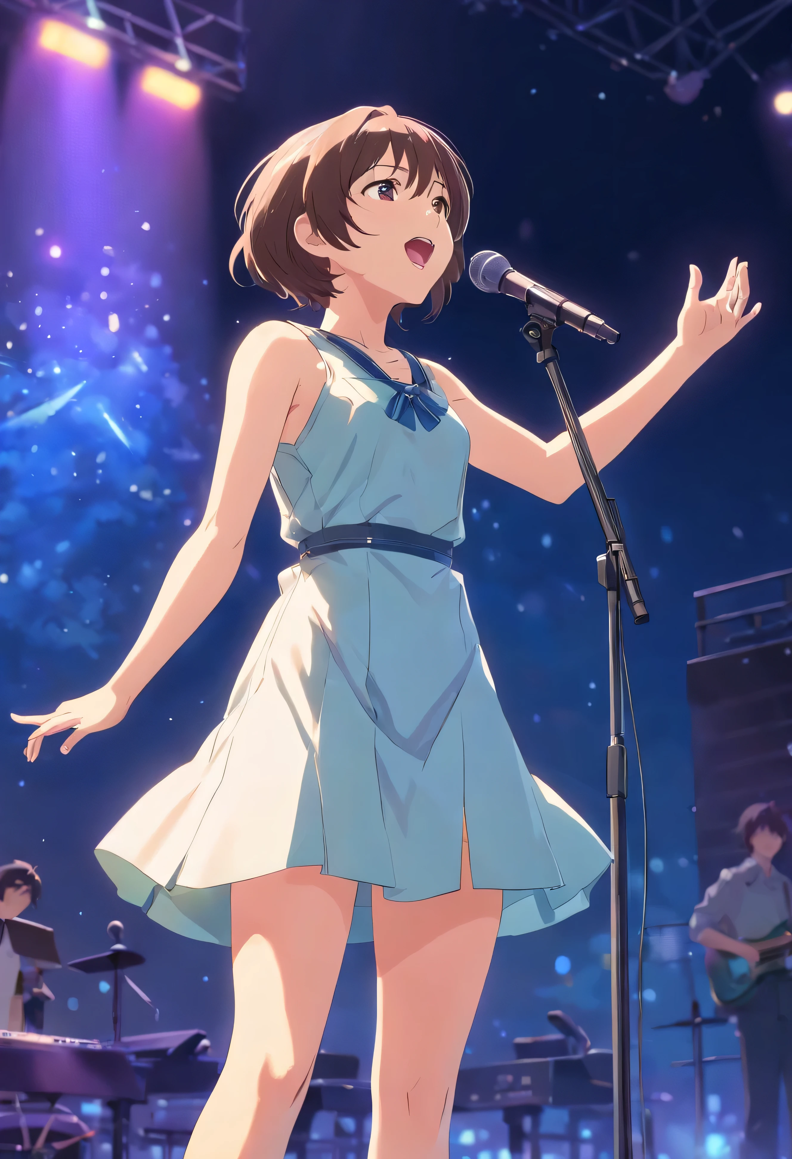 Vocalist singing passionately on stage、one person、whole body