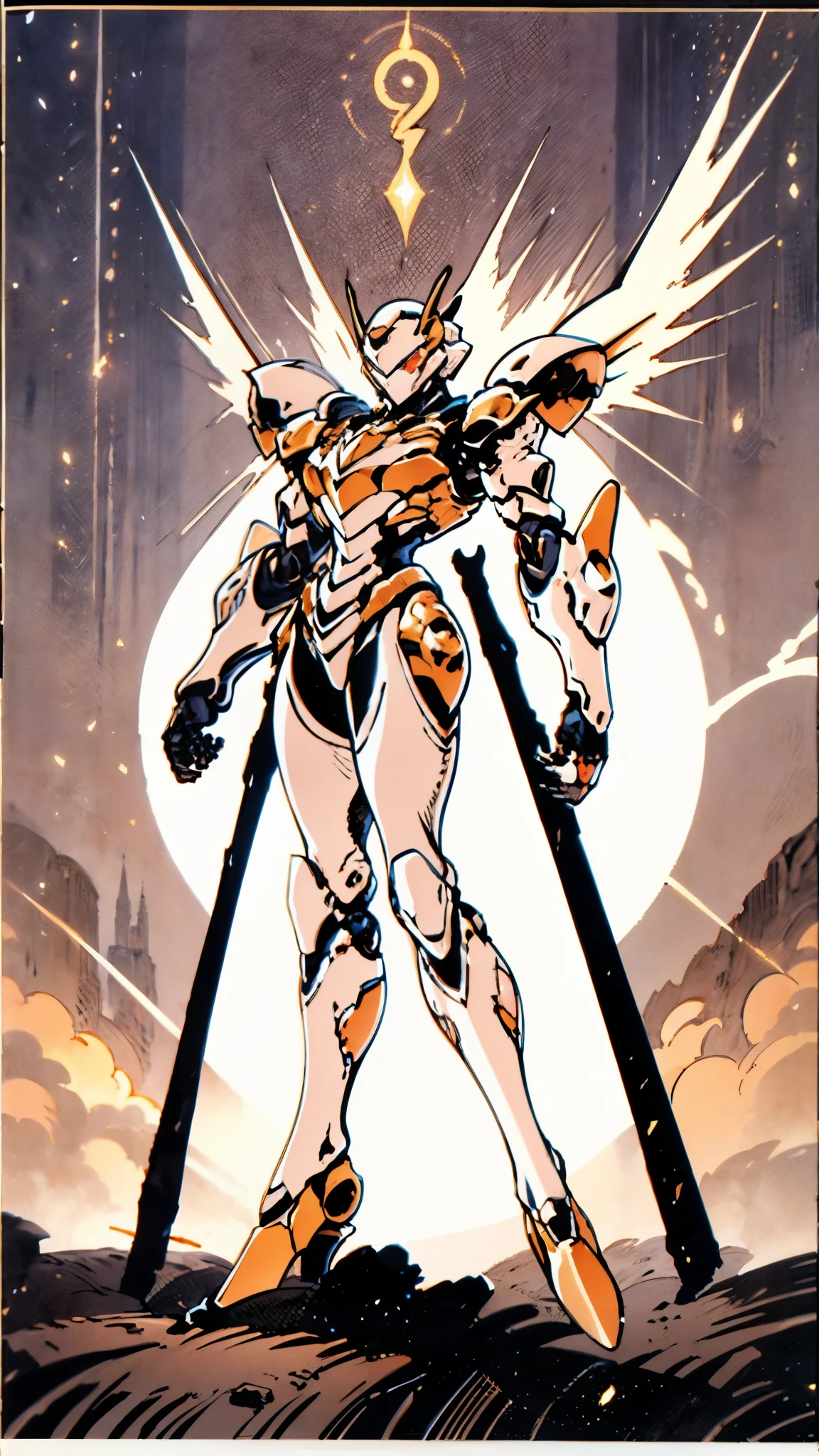 A woman adorned in fantasy-style full-body armor, a crown-concept fully enclosed helmet that unveils only her eyes, a composite layered chest plate, fully encompassing shoulder and hand guards, a lightweight waist armor, form-fitting shin guards, the overall design is heavy-duty yet flexible, ((the armor gleams with a golden glow, complemented by red and blue accents)), exhibiting a noble aura, she floats above a fantasy-surreal high-tech city, this character embodies a finely crafted fantasy-surreal style armored hero in anime style, exquisite and mature manga art style, (Queen bee mixed with Spider concept Armor, plasma, blood), ((Element, energy, elegant, goddess, femminine:1.5)), metallic, high definition, best quality, highres, ultra-detailed, ultra-fine painting, extremely delicate, professional, anatomically correct, symmetrical face, extremely detailed eyes and face, high quality eyes, creativity, RAW photo, UHD, 32k, Natural light, cinematic lighting, masterpiece-anatomy-perfect, masterpiece:1.5