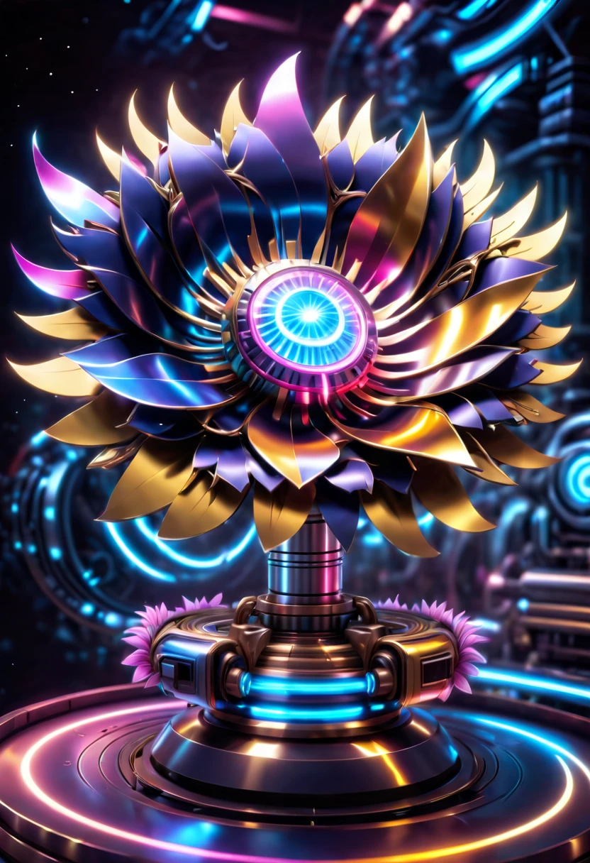 (No one: 1.5), metal flower made by Cybertron, (1 metal flower, Amarys flower made with future transparent Vibranium: 1.3), Vibranium metal flower, colorful neon lights, high-tech mechanical parts, metal body, Detailed Vibranium flower design, vibrant colors, dynamic glowing metal flower, reflective metal surface, ambient lighting, dynamic poses, delicate presence, technological advancement, interlocking mechanical gears, stylish design, motion blur effect, detailed metal mechanics craftsmanship, sci-fi atmosphere, streamlined aerodynamic shape, laser scan pattern, holographic projection, LED light track, beautiful and unforgettable, advanced sensors, complex algorithms, ominous and mysterious atmosphere, electric sparks, shiny chrome, futuristic Propulsion System, (Best Quality, 8K, High Resolution, Masterpiece: 1.2), Ultra Detailed, yugioh, IvoryGoldAI