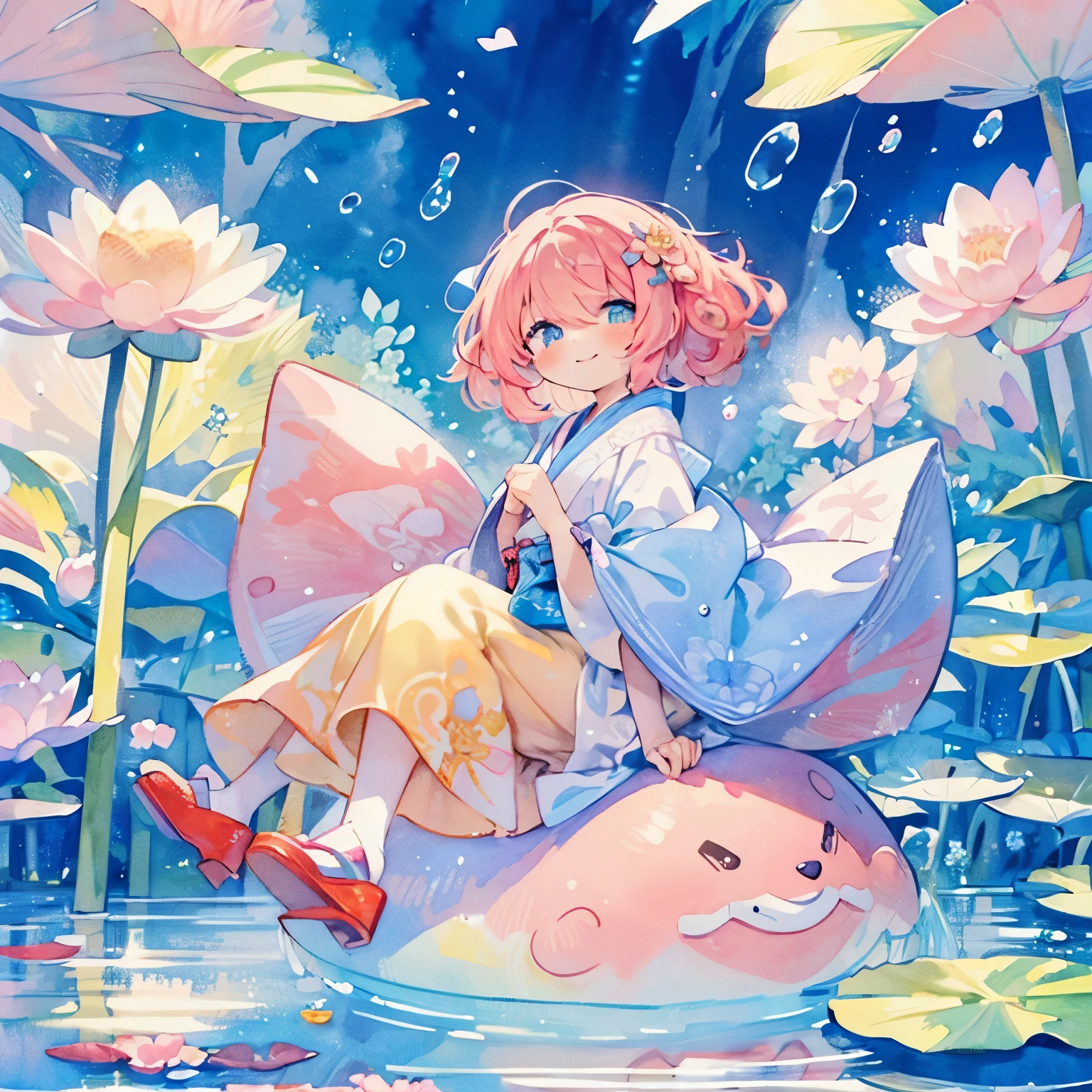 (Pastel color: 1.5), (Cute illustration: 1.5), (Watercolor: 1.2), (1 girl: 1.0), Hair between the eyes, blue background, red fluttery clothes, lots of excitement, good style, heart glitter, white and red motif, bright red hair, cute, bouncing head, short hair, wavy hair, curly hair, happy playing, celebration, thanksgiving, undulating hair, water lily motif , sly smile, full body Esbian, fantasy, detailed image, slight smile, Toyowa Toyowa, water lilies, lake, water lilies swim around the girl, underwater, watercolor, haze, hair swaying, full body Esbian, flapping shoes, Japan dress, beautiful, luxury kimono, golden color, splashing gold powder, cute, wren, queen, sit on a big water lily, lots of water lilies, lotus, lotus flowers bloom
