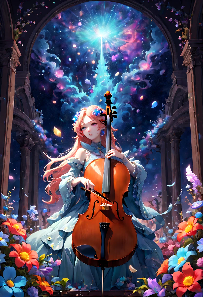 sea of flowers, aesthetic, "old cello covered in celestial cosmic flowers"; detailed matte painting, deep color, fantastical, intricate detail, splash screen, complementary colors, fantasy concept art, 8k resolution trending on artstation Unreal Engine 5