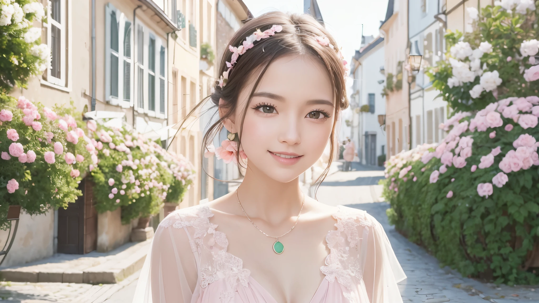 masterpiece, award winning, high quality, super detail, 8k, photo, girl, solo, smile, black hair, elegant dress, elegant clothes, spring clothes, modern fashion, (theme color is pale pink and peppermint green), complemented with a necklace, (close up), (portrait style), in an old European town, classic European architecture, in early spring, natural daylight, direct sunlight, harmonious color palette and composition