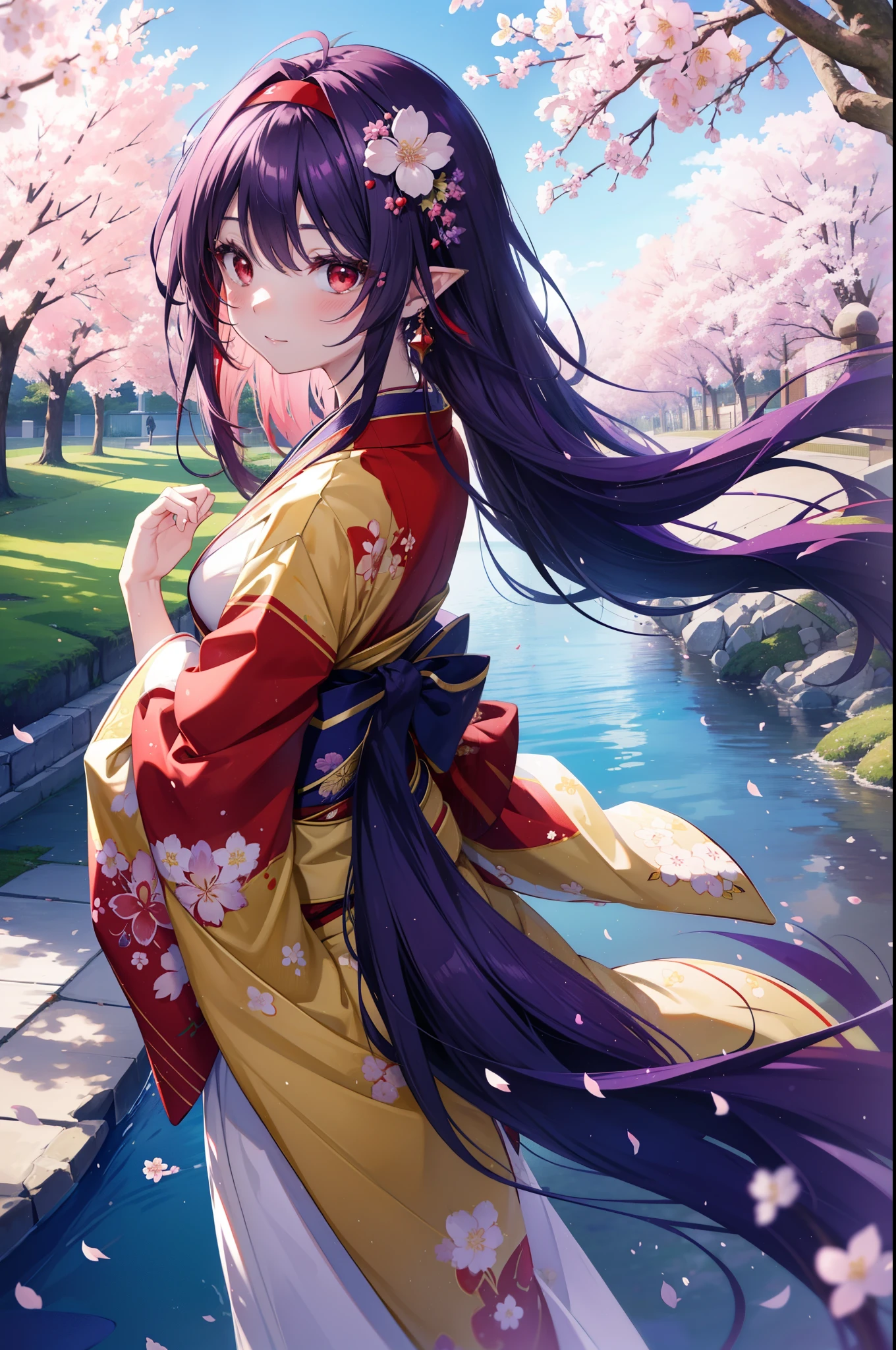 yuukikonno, Yuki Konno, hair band, long hair, pointed ears, purple hair, side tail,(red eyes:1.5), (small breasts:1.2), open your mouth,blush,smile,blush,Yellow floral pattern gorgeous kimono,Large sleeves,Zori sandals,Cherry blossom tree-lined path,The cherry blossoms have bloomed,Cherry blossoms are scattered,morning,spring,walk,
break looking at viewer, Upper body, whole body,
break outdoors, In town,
break (masterpiece:1.2), highest quality, High resolution, unity 8k wallpaper, (figure:0.8), (detailed and beautiful eyes:1.6), highly detailed face, perfect lighting, Very detailed CG, (perfect hands, perfect anatomy),