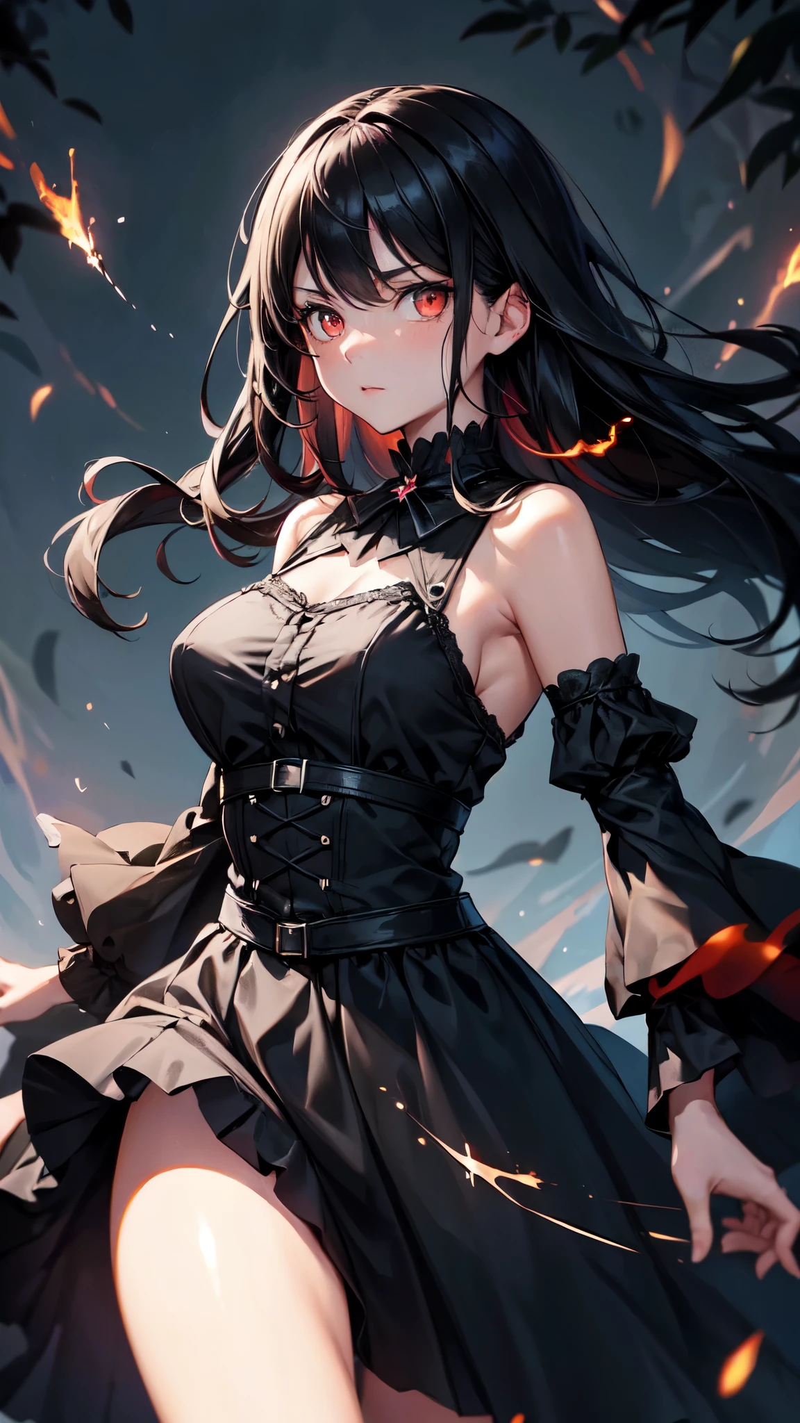 Create an illustration based on the following info: A  young women standing in the middle of clearing surrounded by tall trees, (black hair:1.5), long hair, wavy hair, face framing hair, beautiful eyes, crimson red eyes, pink lips, expresionless, impassive, c-cup breasts, slender arms, dainty hands, slender thighs, dainty feets, gothic dress, (black dress:1.5), black choker, lace choker, (black sleeves:1.5), detached sleeves, (black skirt:1.5), high-low skirt, layered skirt, lace trim, night, full moon, bright moonlight, cinematic lighting, green leaves, close up, looking at viewer, dark atmosphere, Add clothes detail, (fire sparks:1.5)
