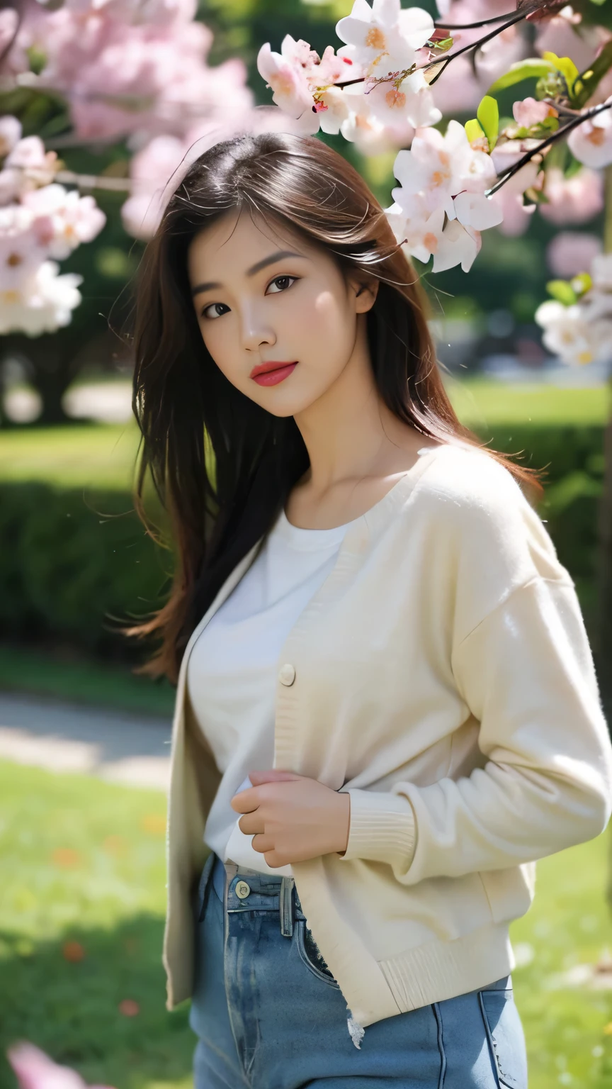 Fashion model 20 years old [[[[close up]]]], [[[[neck]]]], [[[[Shoulder]]]], perfect eyes, perfect iris，perfect lips，perfect teeth，perfect skin，White skin，Soft headlight，High density imaging review，long hair，（Face is clear and delicate），White casual wear，The background is outdoor，green trees and grass，best quality，masterpiece，（pastel colors：1.2）