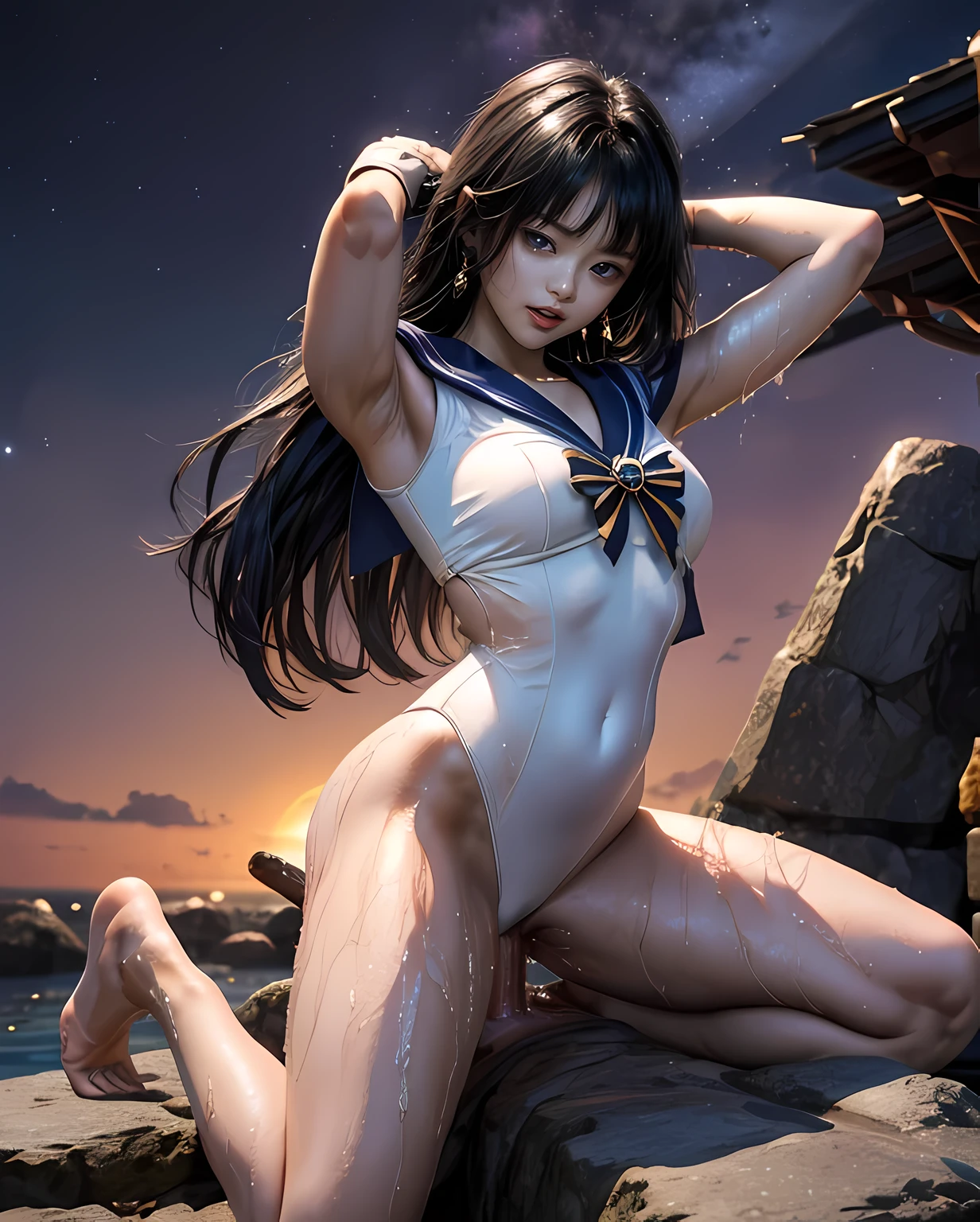 sailor saturnがCowgirlで性交する, (((realistic, highest quality, High resolution, real women pictures:1.2))), (((sailor saturnのレオタードを着ている16歳の女子高校生:1.4)), (sailor saturnのコスチューム), (slender body shape:1.8), Cowgirl性交する, ((anatomically correct:1.2)), short-haired with bangs, (I am wearing a white sailor warrior leotard whose fabric is too thin..:1.2), vaginaに陰茎を挿入するCowgirlポーズ, curved body, 大きく股を開いてCowgirl, A white leotard that sticks to your skin too much, vaginaの詳細な描写, beautiful thighs, Huge penis is pushed up by the girl'vagina, nose too small, toned stomach, beautiful girl has sex with her clothes on, saddle, Cowgirl, Girl straddles guy, (normal limb), Too cute small face, the whole body is wet, put your hands behind your head, nostrils are not visible, realistic, vaginaが濡れている, lips slightly open, (anatomically correct:1.2), A guy inserts a penis into a girl, sailor saturn, 夕暮れの街路でCowgirl性交