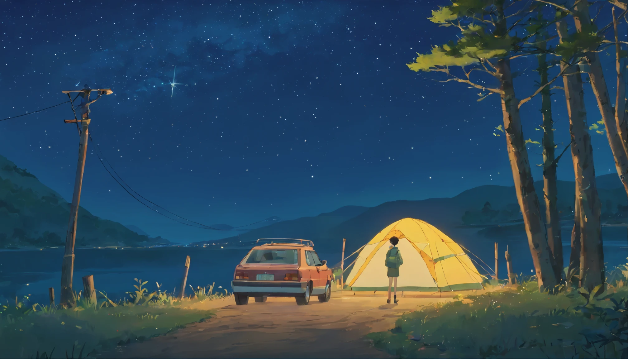 なだらかな丘の中に駐carされた新しいカーを中心に展開する説得力のある物語を作成します, With a man camping nearby. car, Weathered by time, Tips from past travel and adventure stories. Explaining the actions of a man who unfolds a worn-out map, A crackling bonfire begins, and look up at the starry sky. Interweave the surrounding landscape in detail, pine tree scent, And the distant calls of nocturnal creatures. people look back on the past、Conveys a sense of nostalgia and introspection as you find solace in the simplicity of the current moment. Your story should transport readers to this remote hillside, allow them to feel the connection between humans, antique car, And calm deserts.