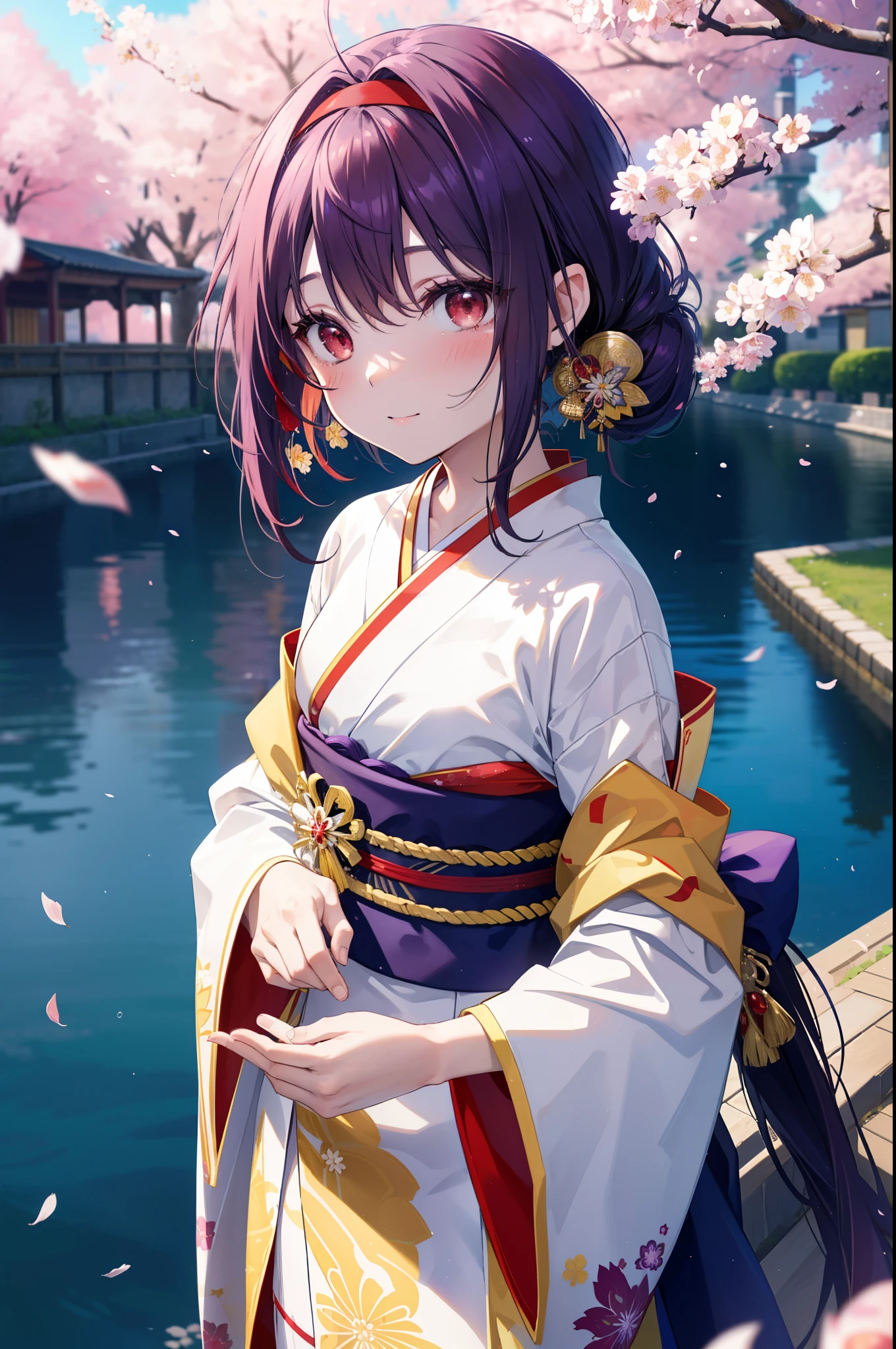 yuukikonno, Yuki Konno, hair band, long hair, pointed ears, purple hair, side tail,(red eyes:1.5), (small breasts:1.2), open your mouth,blush,smile,blush,Yellow floral pattern gorgeous kimono,Large sleeves,Zori sandals,Cherry blossom tree-lined path,The cherry blossoms have bloomed,Cherry blossoms are scattered,morning,spring,walk,
break looking at viewer, Upper body, whole body,
break outdoors, In town,
break (masterpiece:1.2), highest quality, High resolution, unity 8k wallpaper, (figure:0.8), (detailed and beautiful eyes:1.6), highly detailed face, perfect lighting, Very detailed CG, (perfect hands, perfect anatomy),