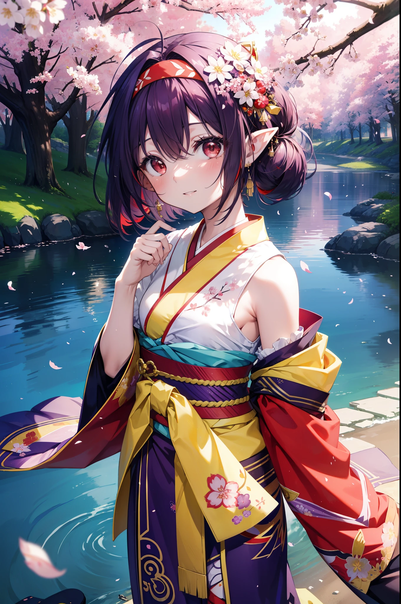 Anime girl in kimono outfit standing by a pond with cherry blossoms ...