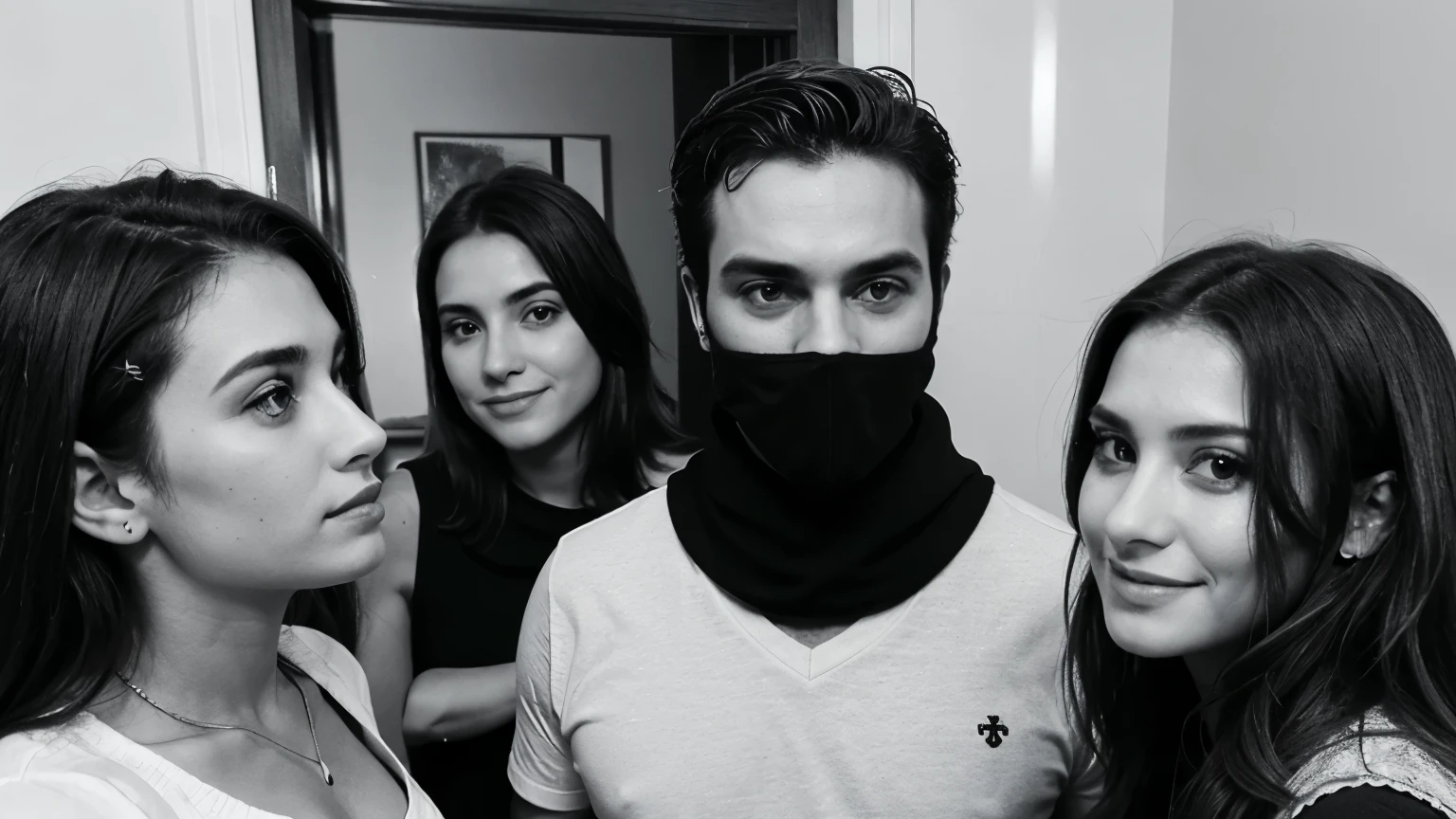 Um homem conversando com outras pessoas foto em preto e branco