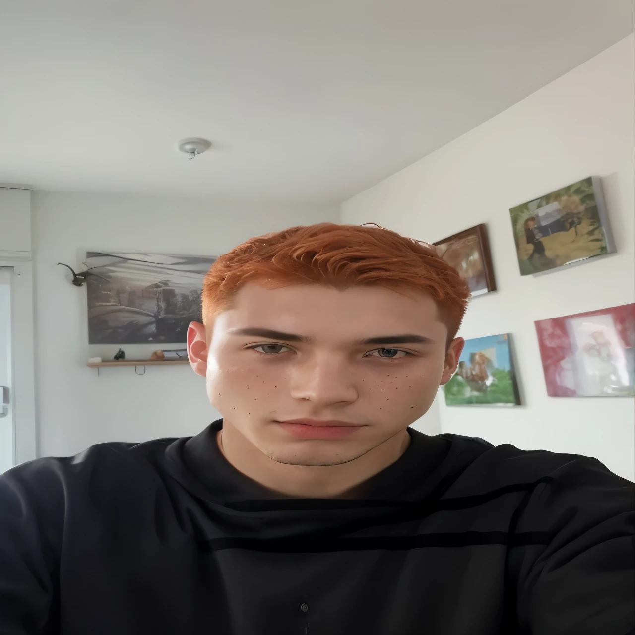 There's a man who's taking a selfie in the mirror, cabelo ruivo with freckles, cabelo ruivo, taken at the beginning of 2020, cerca de 19 anos, floresta ao fundo, menino adolescente ruivo, bladee da gangue de drenagem, Red head, short hair on top of the head, Serpentina do Twitch / jogador Ludwig
