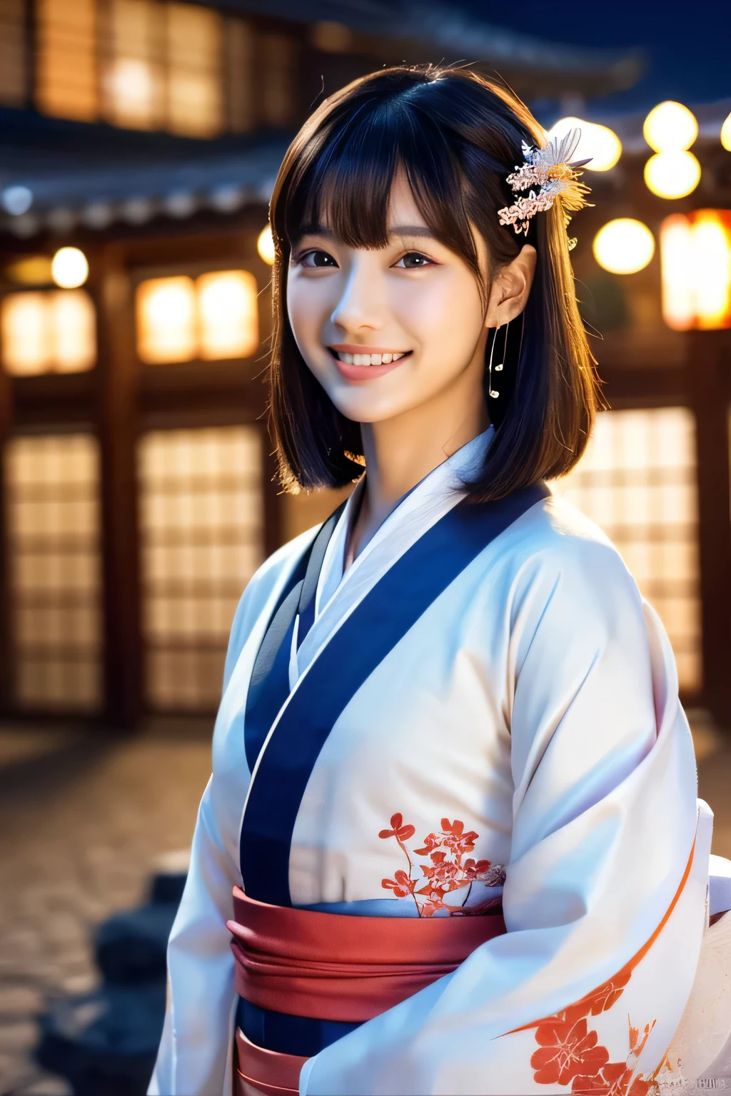 (8k、RAW photo、highest quality、masterpiece:1.2)、Super detailed、超A high resolution、(realistic、photo realistic:1.37)、portrait、High-definition RAW color photo、professional photos、very delicate and beautiful、very detailed、 8K Wallpaper Gunifica、finely、huge file size、official art、Highly detailed CG Unity 8k wallpaper、very detailed美しい女の子、very detailed顔、extremely detailed eye、very detailed肌、very thin fingers、very detailed鼻、very detailed口、perfect anatomy、very detailed背景、very detailed衣装、1 girl、(18-year-old:1.2)、10 generations、cute、famous japanese idol、cute、(:1.2)、realistic body、、pure white skin、shiny skin、slender body、good style、black haired、hair collection、(bangs:1.2)、laughter、cute、young、cute faces、lifelike face、Beautiful eyes、ordering sauce、(kimono:1.4)、intricate embroidery、earrings、(hair ornaments:1.2)、eye、cowboy shot、frontage、standing athletic pose、contrapo、outside the house、(night:1.4)、Japanese style、Kyoto、dynamic lighting、