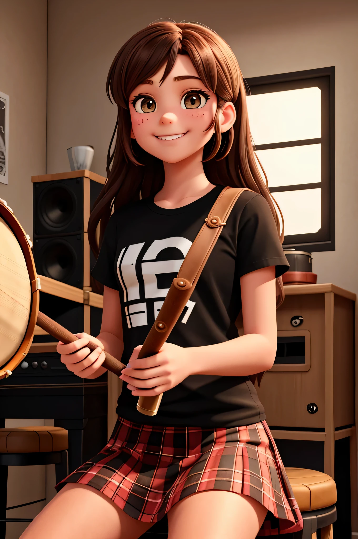 {there is a young girl sitting in a room. she is beautiful, and attractive. she is wearing a black shirt, and a red checkered skirt. she is dressed like a punk rocker. she has beautiful long brown hair, and beautiful hazel eyes. she is sitting on a stool behind a drum kit, while holding drum sticks. she has a light smile on her face, and her mouth is closed. the room is set up like a music studio.}, {best quality}, {{masterpiece}}, {highres}, {{{8k}}}, extremely detailed girl, {{{caucasian skin}}}, {{{detailed face}}}, {photo-realism}, {{perfect anatomy}}, sharp focus, {{{character{1 girl}}}}, solo, {{{{{sharp focus}}}}}, {{{detailed cloth texture}}}, {{{detailed skin texture}}}, {{{smooth lighting}}}, {{australian decent}}, {{18-years old girl}},