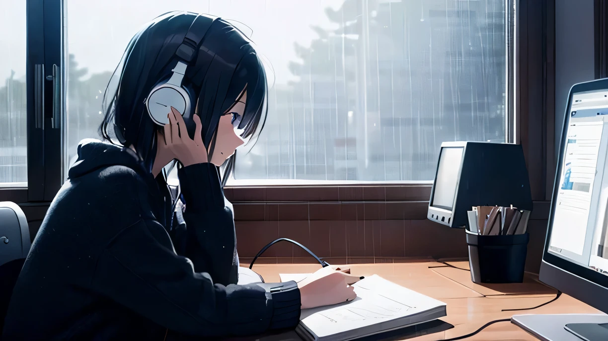 midnight、in the room、rain outside the window、young girl、please wear headphones、concentrate at your desk and study、Notebook on desk、coffee、smartphone、There is only a small light from the desk in the room.、Side view