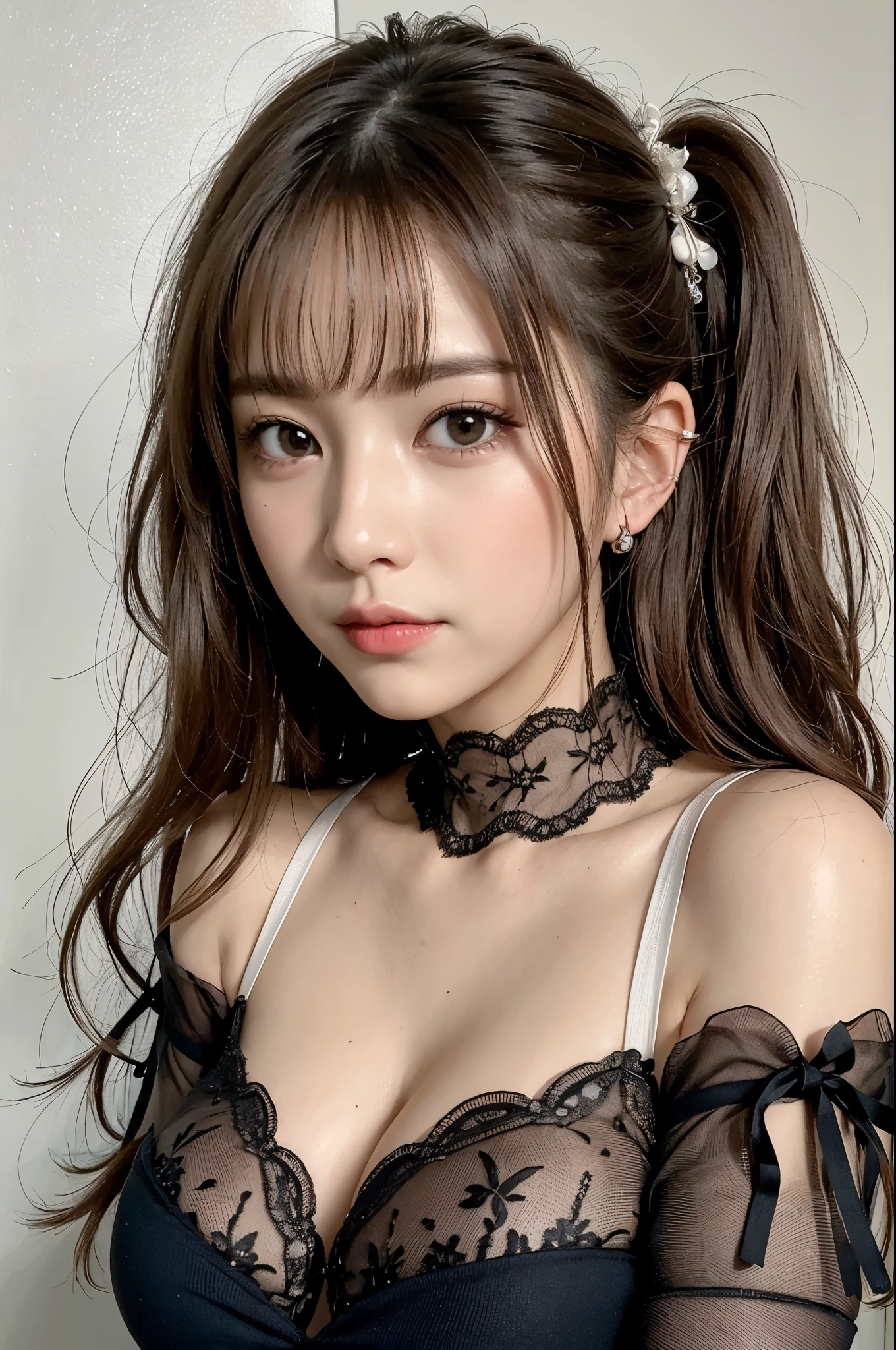 ulzzang-6500-v1.1, (RAW photo:1.2), (Photoreal), (See-through:1.3), (genuine:1.4), NSFW、super detailed,beautiful devil,Upper body,facing the front,looking at the viewer, wearing black, (Wearing a long luxurious lace dress:1.5)、(super realistic pantyhose:1.4), 
