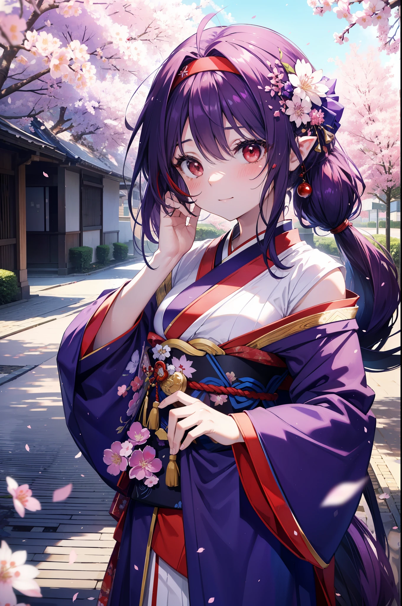 yuukikonno, Yuki Konno, hair band, long hair, pointed ears, purple hair, side tail,(red eyes:1.5), (small breasts:1.2), open your mouth,blush,smile,blush,Purple floral pattern gorgeous kimono,Large sleeves,Zori sandals,Cherry blossom tree-lined path,The cherry blossoms have bloomed,Cherry blossoms are scattered,morning,spring,walk, 
break looking at viewer, Upper body, whole body,
break outdoors, In town,
break (masterpiece:1.2), highest quality, High resolution, unity 8k wallpaper, (figure:0.8), (detailed and beautiful eyes:1.6), highly detailed face, perfect lighting, Very detailed CG, (perfect hands, perfect anatomy),