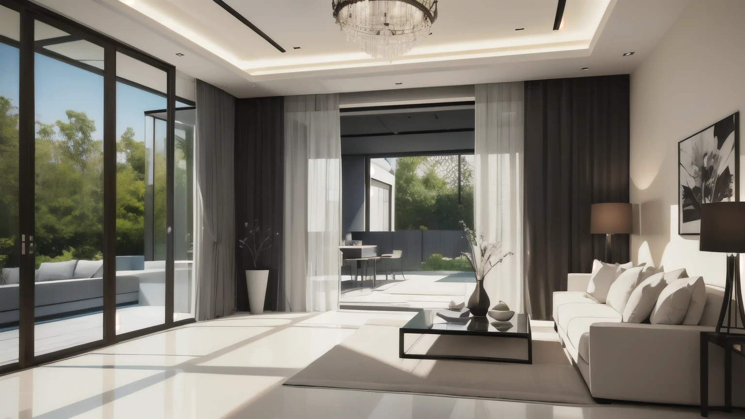 you are a famous interior designer、I was asked to create a 3D image of a large modern room.。. Create a harmonious environment with modern and minimalist furniture. Including garden interior.