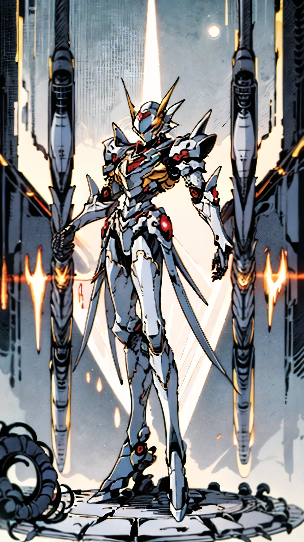 A woman adorned in fantasy-style full-body armor, a crown-concept fully enclosed helmet that unveils only her eyes, a composite layered chest plate, fully encompassing shoulder and hand guards, a lightweight waist armor, form-fitting shin guards, the overall design is heavy-duty yet flexible, ((the armor gleams with a golden glow, complemented by red and blue accents)), exhibiting a noble aura, she floats above a fantasy-surreal high-tech city, this character embodies a finely crafted fantasy-surreal style armored hero in anime style, exquisite and mature manga art style, (Queen bee mixed with Spider concept Armor, plasma, blood), ((Element, energy, elegant, goddess, femminine:1.5)), metallic, high definition, best quality, highres, ultra-detailed, ultra-fine painting, extremely delicate, professional, anatomically correct, symmetrical face, extremely detailed eyes and face, high quality eyes, creativity, RAW photo, UHD, 32k, Natural light, cinematic lighting, masterpiece-anatomy-perfect, masterpiece:1.5