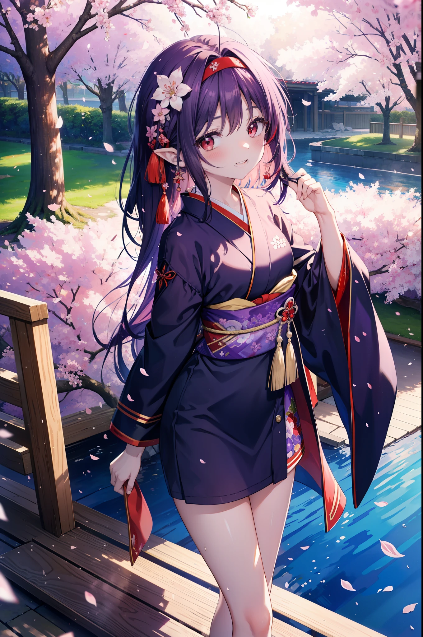 yuukikonno, Yuki Konno, hair band, long hair, pointed ears, purple hair, side tail,(red eyes:1.5), (small breasts:1.2), open your mouth,blush,smile,blush,Purple floral pattern gorgeous kimono,Large sleeves,Zori sandals,Cherry blossom tree-lined path,The cherry blossoms have bloomed,Cherry blossoms are scattered,morning,spring,walk, 
break looking at viewer, Upper body, whole body,
break outdoors, In town,
break (masterpiece:1.2), highest quality, High resolution, unity 8k wallpaper, (figure:0.8), (detailed and beautiful eyes:1.6), highly detailed face, perfect lighting, Very detailed CG, (perfect hands, perfect anatomy),