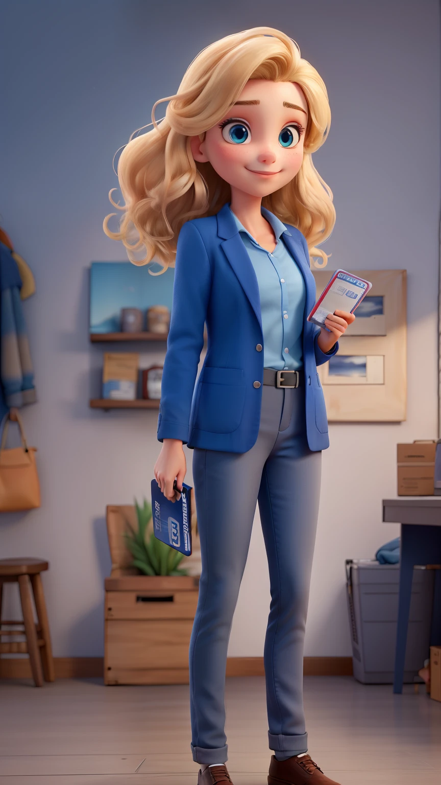 ((best quality)), ((artwork)), (detailed), perfect face, young twenty-two year old blonde, straight hair and blue eyes looking at the camera, wearing blue formal wear, wearing a work jacket blue, holding credit card, full body