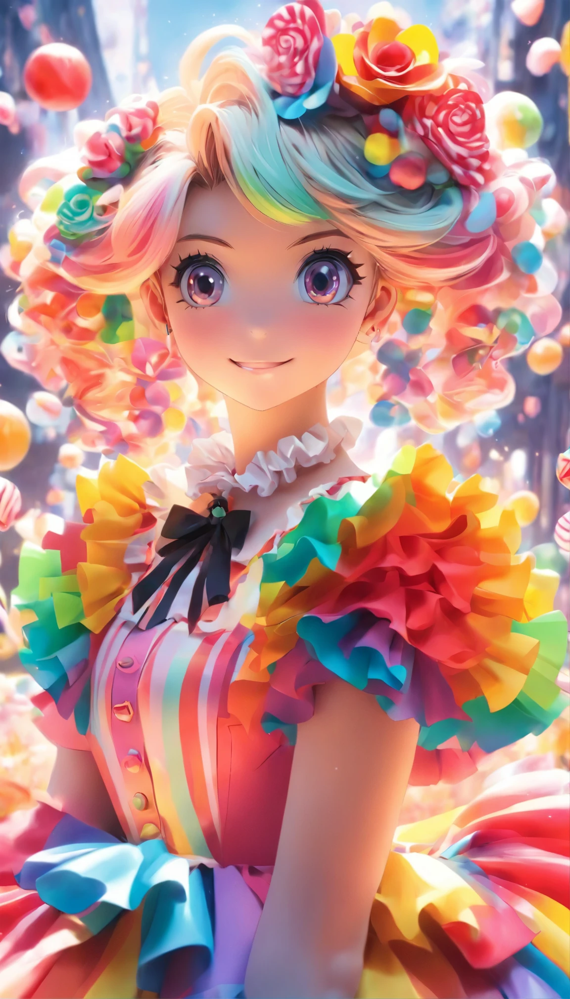 Masterpiece, Best quality, 1girll, GothGal, Frilled dress 8K, A high resolution, ( flower_Styler:1.2) (rainbow-candy:1.2), candies