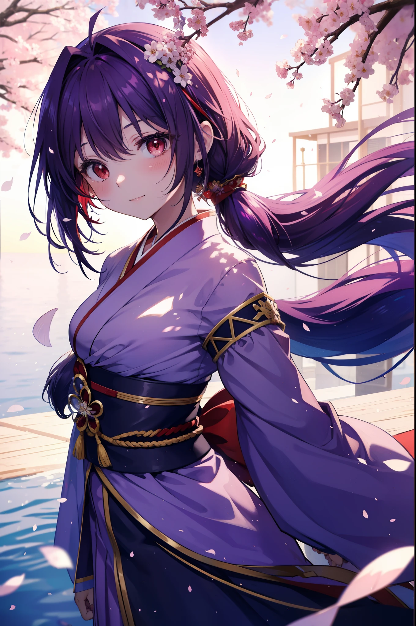 yuukikonno, Yuki Konno, hair band, long hair, pointed ears, purple hair, side tail,(red eyes:1.5), (small breasts:1.2), open your mouth,blush,smile,blush,Purple floral pattern gorgeous kimono,Large sleeves,Zori sandals,Cherry blossom tree-lined path,The cherry blossoms have bloomed,Cherry blossoms are scattered,morning,spring,walk,
break looking at viewer, Upper body, whole body,
break outdoors, In town,
break (masterpiece:1.2), highest quality, High resolution, unity 8k wallpaper, (figure:0.8), (detailed and beautiful eyes:1.6), highly detailed face, perfect lighting, Very detailed CG, (perfect hands, perfect anatomy),