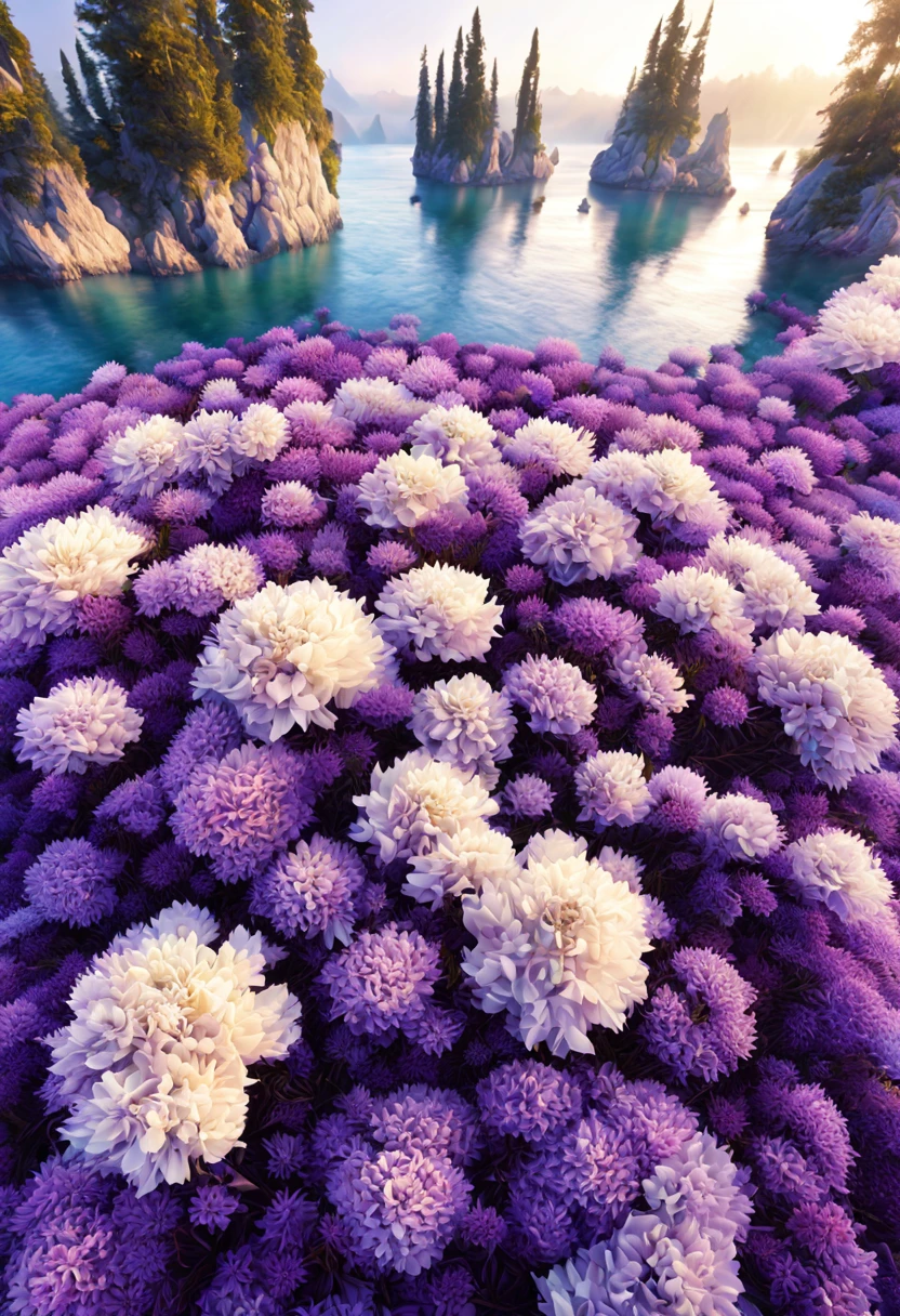 Sea of purple cypress flowers(no characters) Top view of soft light-colored flowers in a sea of flowers, wide angle depth of field ,Their colors and gestures add a beautiful touch to nature. Super detailed.,Clear pattern,beautiful,artwork,masterpiece,Master-produced photo-realistic highly detailed digital art,fantasy art behavior,surreal