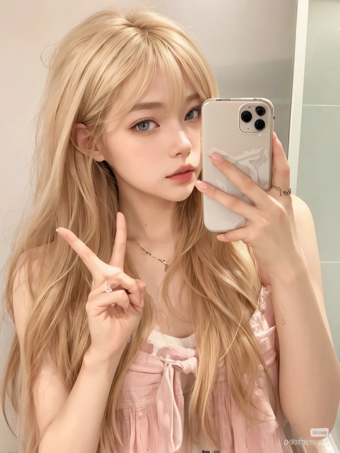 a closeup of a person holding a cell phone in a bathroom, ulzzang, ig model | germen de arte, pelo largo con flequillo, blonde chica anime con pelo largo, pelo largo con flequillo completo, pelo largo y blanco y flequillo, Lalisa Manobal, chica anime con pelo largo, con pelo largo y rubio, chica anime en la vida real