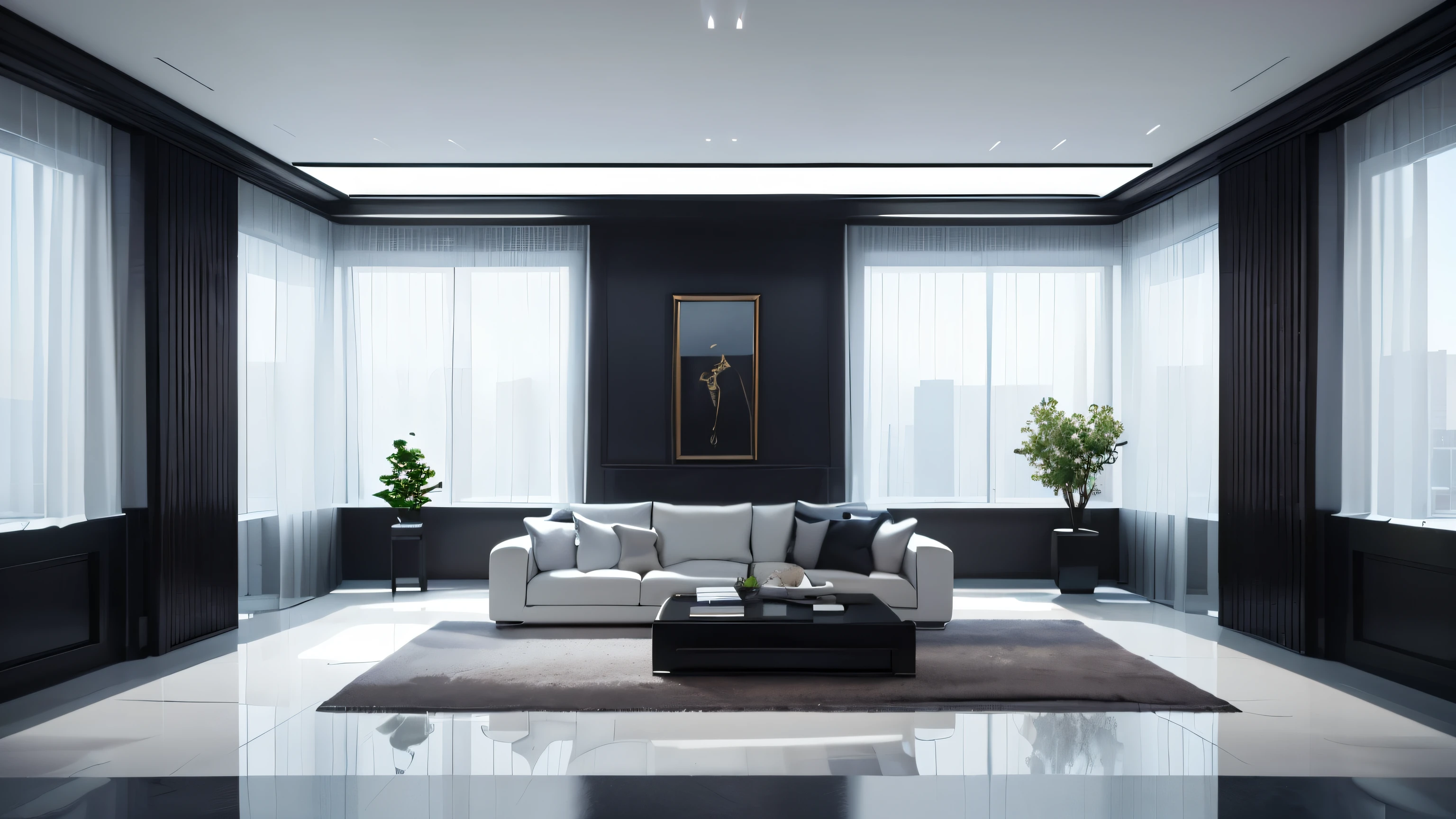 you are a famous interior designer、I was asked to create a 3D image of a large modern room.。. Create a harmonious environment with modern and minimalist furniture. Including garden interior.