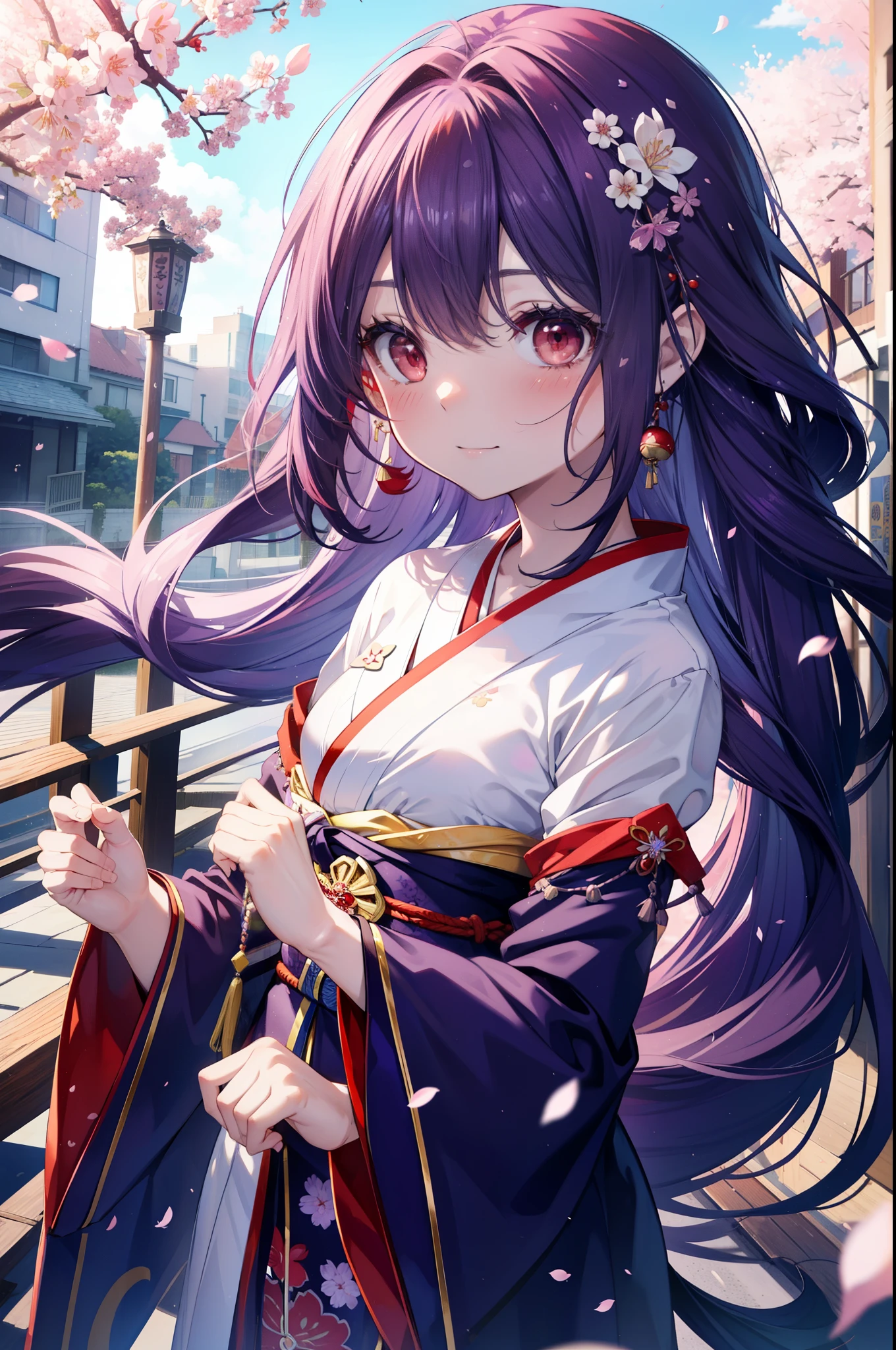 yuukikonno, Yuki Konno, hair band, long hair, pointed ears, purple hair, side tail,(red eyes:1.5), (small breasts:1.2), open your mouth,blush,smile,blush,Purple floral pattern gorgeous kimono,Large sleeves,Zori sandals,Cherry blossom tree-lined path,The cherry blossoms have bloomed,Cherry blossoms are scattered,morning,spring,walk,
break looking at viewer, Upper body, whole body,
break outdoors, In town,
break (masterpiece:1.2), highest quality, High resolution, unity 8k wallpaper, (figure:0.8), (detailed and beautiful eyes:1.6), highly detailed face, perfect lighting, Very detailed CG, (perfect hands, perfect anatomy),