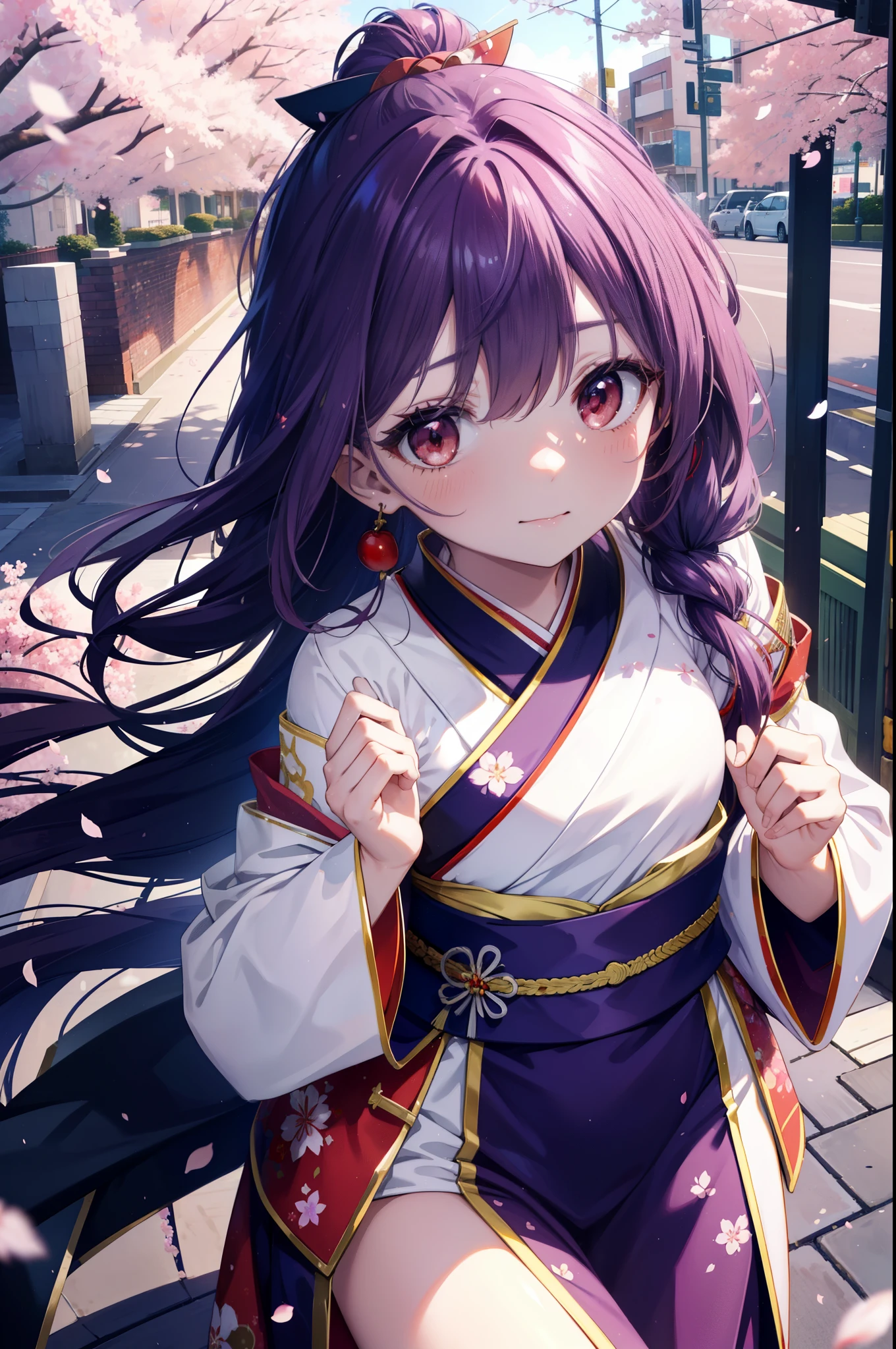 yuukikonno, Yuki Konno, hair band, long hair, pointed ears, purple hair, side tail,(red eyes:1.5), (small breasts:1.2), open your mouth,blush,smile,blush,Purple floral pattern gorgeous kimono,Large sleeves,Zori sandals,Cherry blossom tree-lined path,The cherry blossoms have bloomed,Cherry blossoms are scattered,morning,spring,walk,
break looking at viewer, Upper body, whole body,
break outdoors, In town,
break (masterpiece:1.2), highest quality, High resolution, unity 8k wallpaper, (figure:0.8), (detailed and beautiful eyes:1.6), highly detailed face, perfect lighting, Very detailed CG, (perfect hands, perfect anatomy),