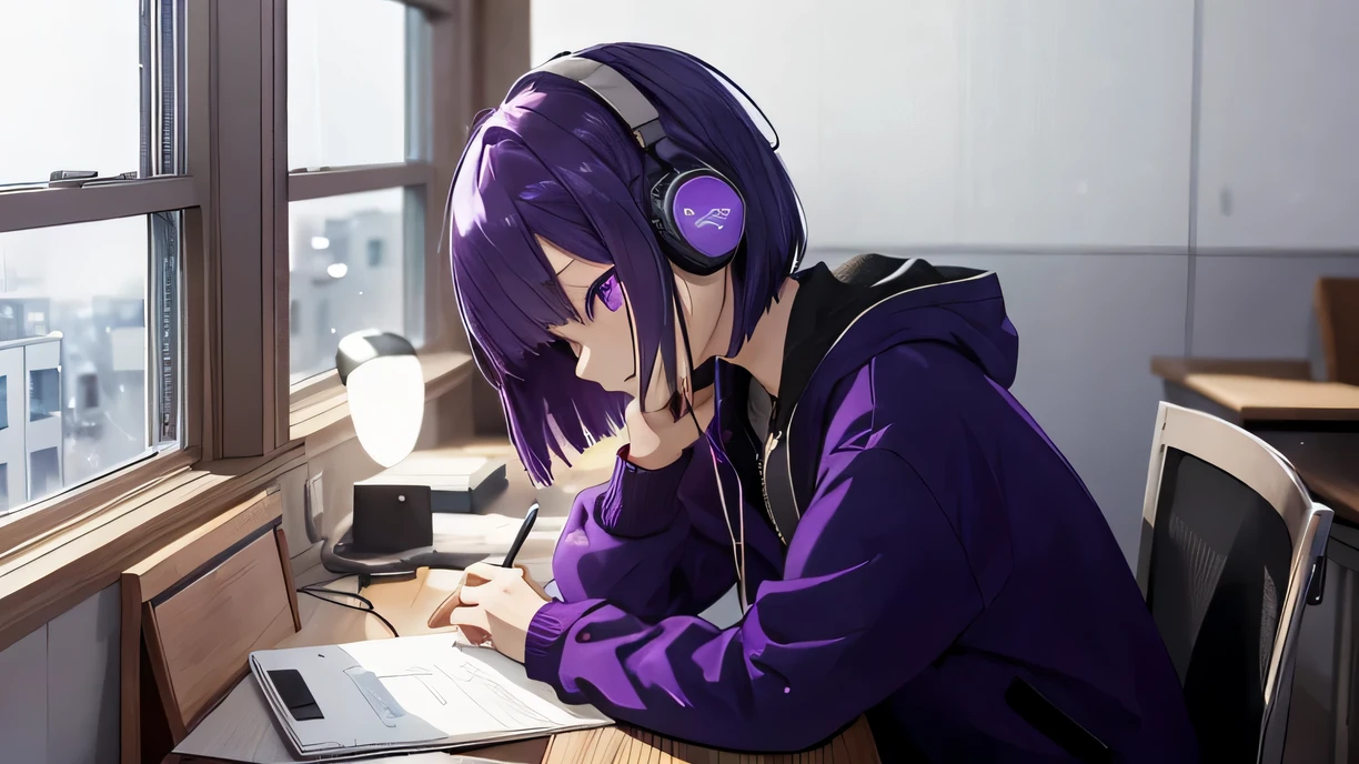 ((highest quality)),8k,midnight、in the room、A rainy night view outside the window、Purple Bob Hair、girl、please wear headphones、concentrate at your desk and study、Notebook on desk、coffee、smartphone、There is only a small light from the desk in the room.、Side view