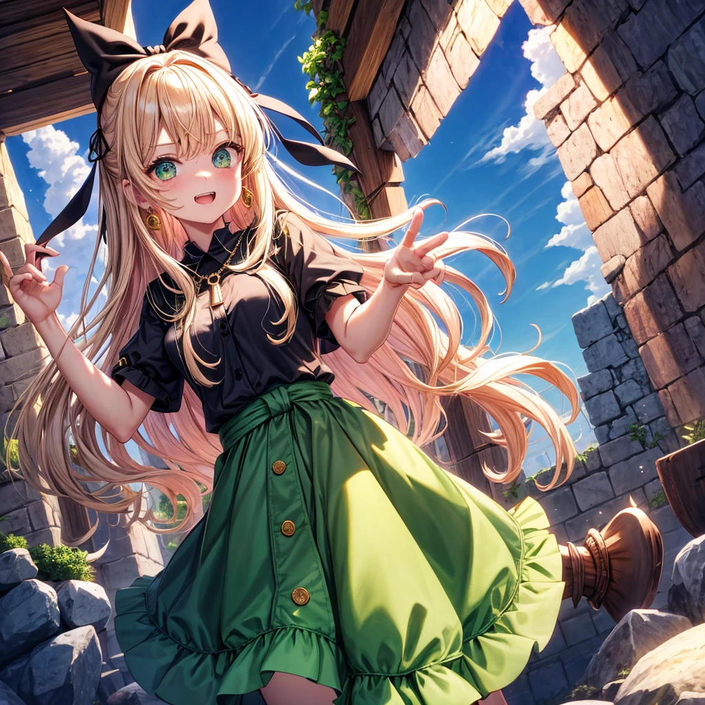 pink blonde、green eyes、one good looking girl、solo、anime、plaid mini skirt、the skirt has buttons、black camisole、black t-shirt、dress、wearing a ribbon、ribbon at waist、cloak、hood、clouds are swirling、stone slabs are piled up、one hand raised、crystal earrings、sun、teeth are visible、splash of water、vegetable garden、monster castle、ceiling、golden key、jewelry necklace、Light and shadow、window、behind hand