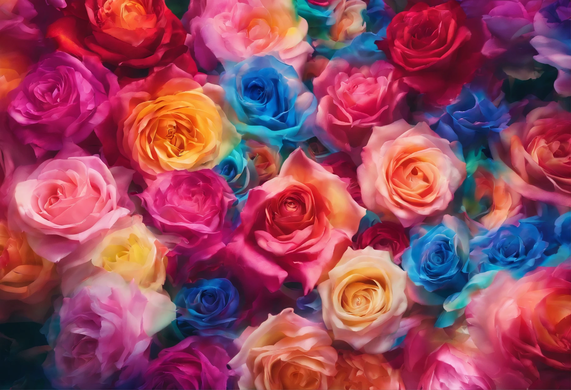 A sea of radiant roses,rainbow colored petals,Radiate the rays of the sun and moon,Crystal material,Optics,Heaven,clouds,Sunlight,Tyndall effect,reflective,refraction,Ray tracing,Super detailed,Surreal,Super real photos,best quality
