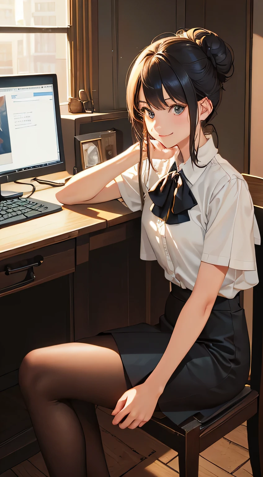 (to be born, highest quality, masterpiece:1.5), (realistic, intricate details:1.2), ultra high resolution, confused,
1 girl, beautiful face, , fine eyes, symmetrical eyes, light shines on your face, blush your nose, short hair, bun hair, black hair, 
clacks, vest, suit, pencil mini skirt, white shirt, silk scarf, black pantyhose, [:The 20th, :0.8],
smile, small dimples, make sexual suggestions, 
medium breasts, slim waist, slim legs, long legs,
sitting on a chair in front of the desk, perfect body, good proportions,
looking at the viewer, 
(office, indoor, hyper detailed background:1.2), Japan, Copier, file cabinet, computer, monitor,
shiny skin, realistic skin texture, 
Natural light, best lighting, detailed background, detailed shadow, sharp focus, Depth of written boundary f/2,
saturation, high contrast, strong light and shadow