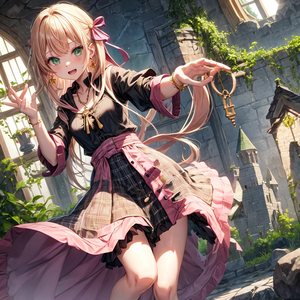pink blonde、green eyes、one good looking girl、solo、anime、plaid mini skirt、the skirt has buttons、black camisole、black t-shirt、dress、wearing a ribbon、ribbon at waist、cloak、hood、clouds are swirling、stone slabs are piled up、one hand raised、crystal earrings、sun、teeth are visible、splash of water、vegetable garden、monster castle、ceiling、golden key、jewelry necklace、Light and shadow、window、behind hand