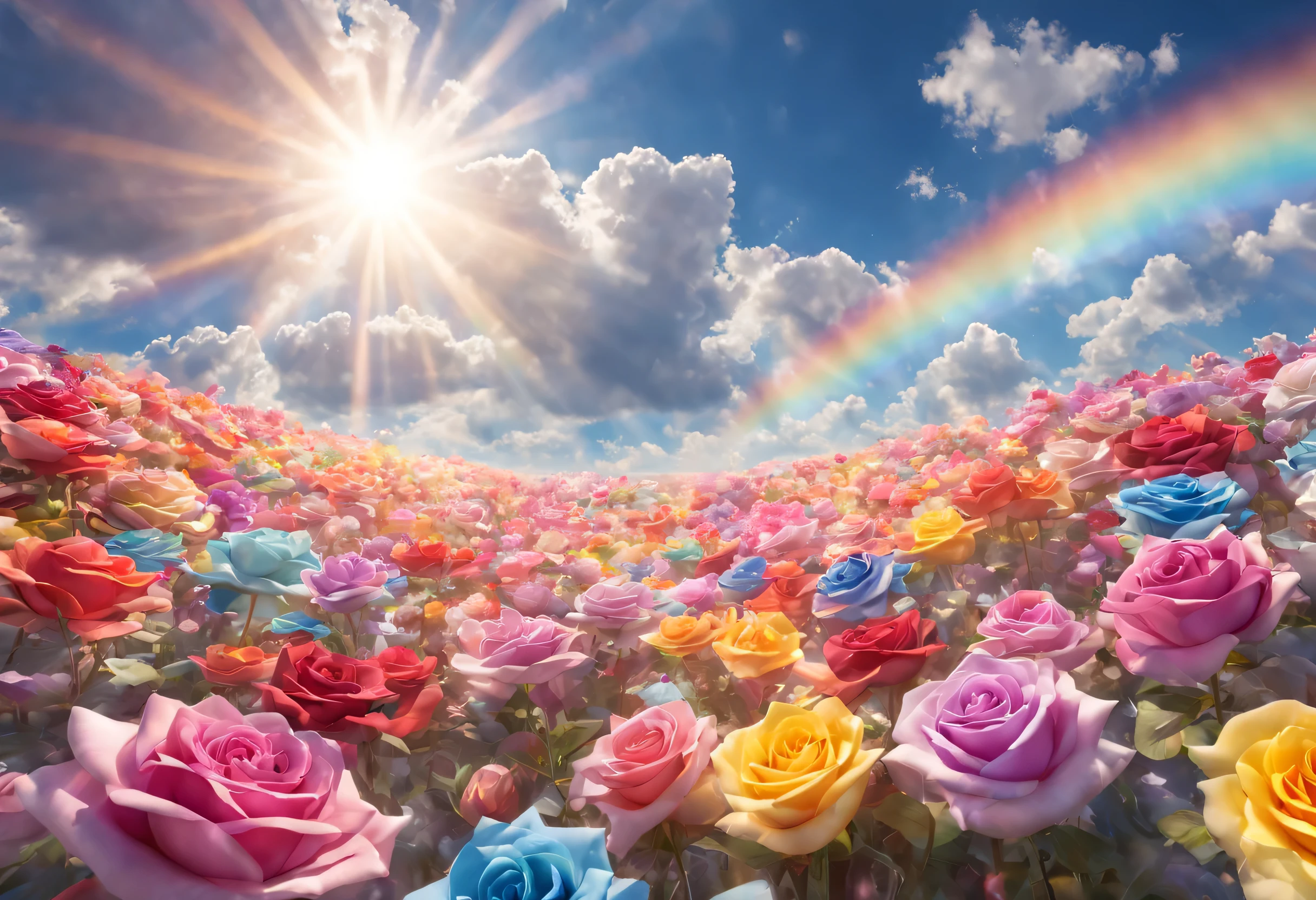 A sea of radiant roses，rainbow colored petals,Radiate the rays of the sun and moon，Crystal material，Optics，Heaven，clouds，Sunlight，Tyndall effect，reflective，refraction，Ray tracing，Super detailed，Surreal，Super real photos，best quality