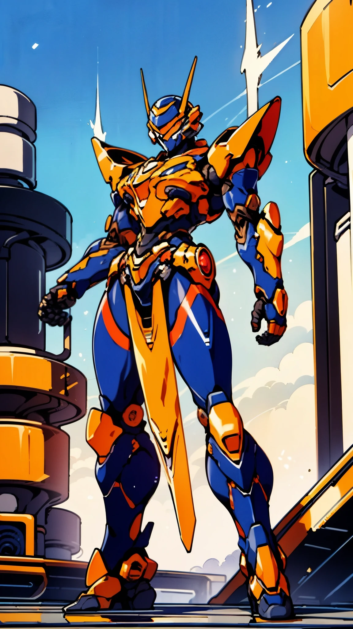A woman adorned in fantasy-style full-body armor, a crown-concept fully enclosed helmet that unveils only her eyes, a composite layered chest plate, fully encompassing shoulder and hand guards, a lightweight waist armor, form-fitting shin guards, the overall design is heavy-duty yet flexible, ((the armor gleams with a golden glow, complemented by red and blue accents)), exhibiting a noble aura, she floats above a fantasy-surreal high-tech city, this character embodies a finely crafted fantasy-surreal style armored hero in anime style, exquisite and mature manga art style, (Queen bee mixed with Spider concept Armor, plasma, blood), ((Element, energy, elegant, goddess, femminine:1.5)), metallic, high definition, best quality, highres, ultra-detailed, ultra-fine painting, extremely delicate, professional, anatomically correct, symmetrical face, extremely detailed eyes and face, high quality eyes, creativity, RAW photo, UHD, 32k, Natural light, cinematic lighting, masterpiece-anatomy-perfect, masterpiece:1.5