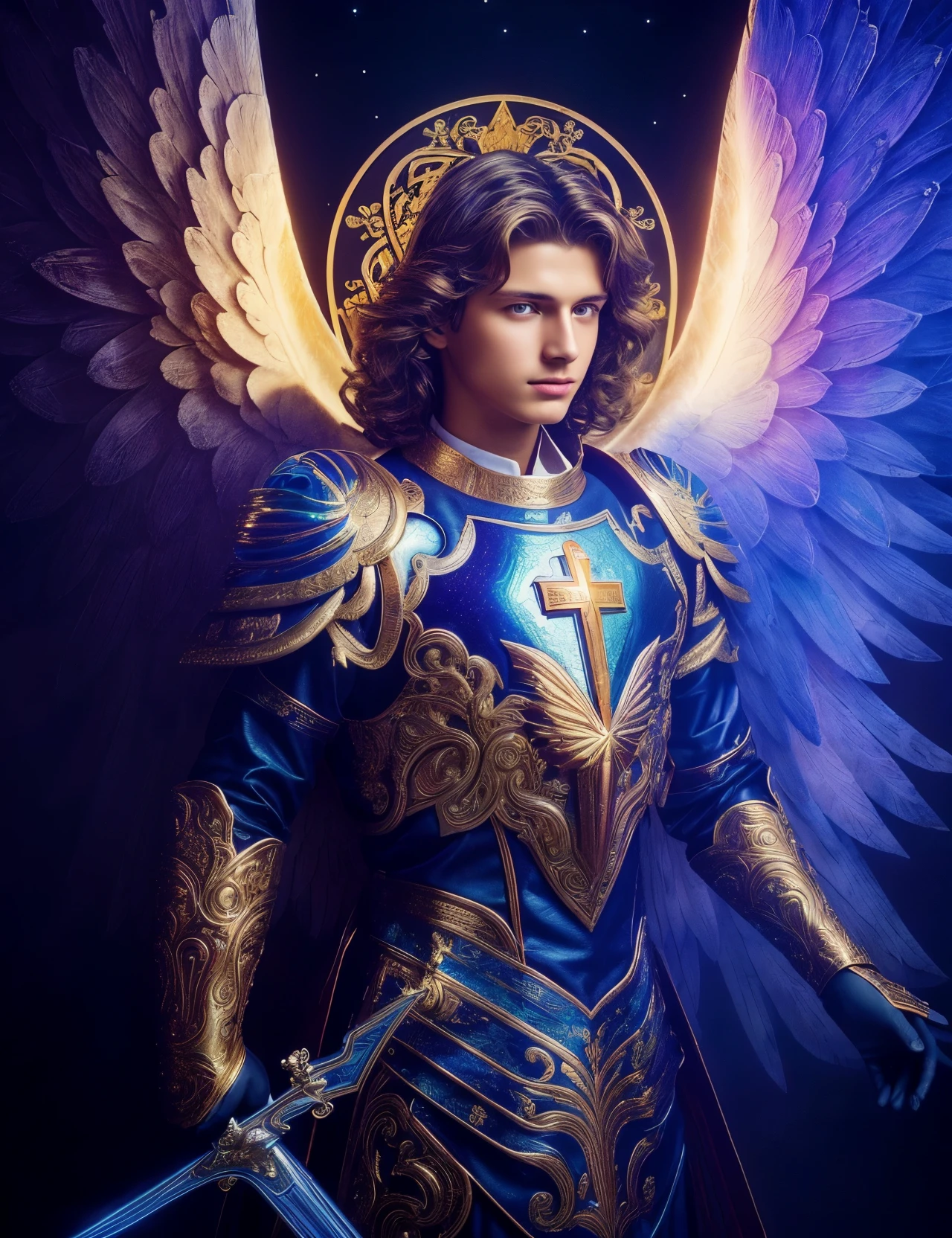 (((St. Michael Archangel. 19 years old))) ((( with a serious and pious look. With a sweet and gentle look))) (masterpiece, highest quality, highest quality, official art, beautiful and aesthetic: 1.2), (1 girl), very detailed, (fractal art: 1.3), colorful, most detailed, perfect face, Upper body, HDR, (pray: 1.3), (golden lines on white coat: 1.2), Milky Way, (stripes of light), eye-catching visuals, (dynamic stripes, path of light: 1.2), Bright colors,facing forward、looking at the camera