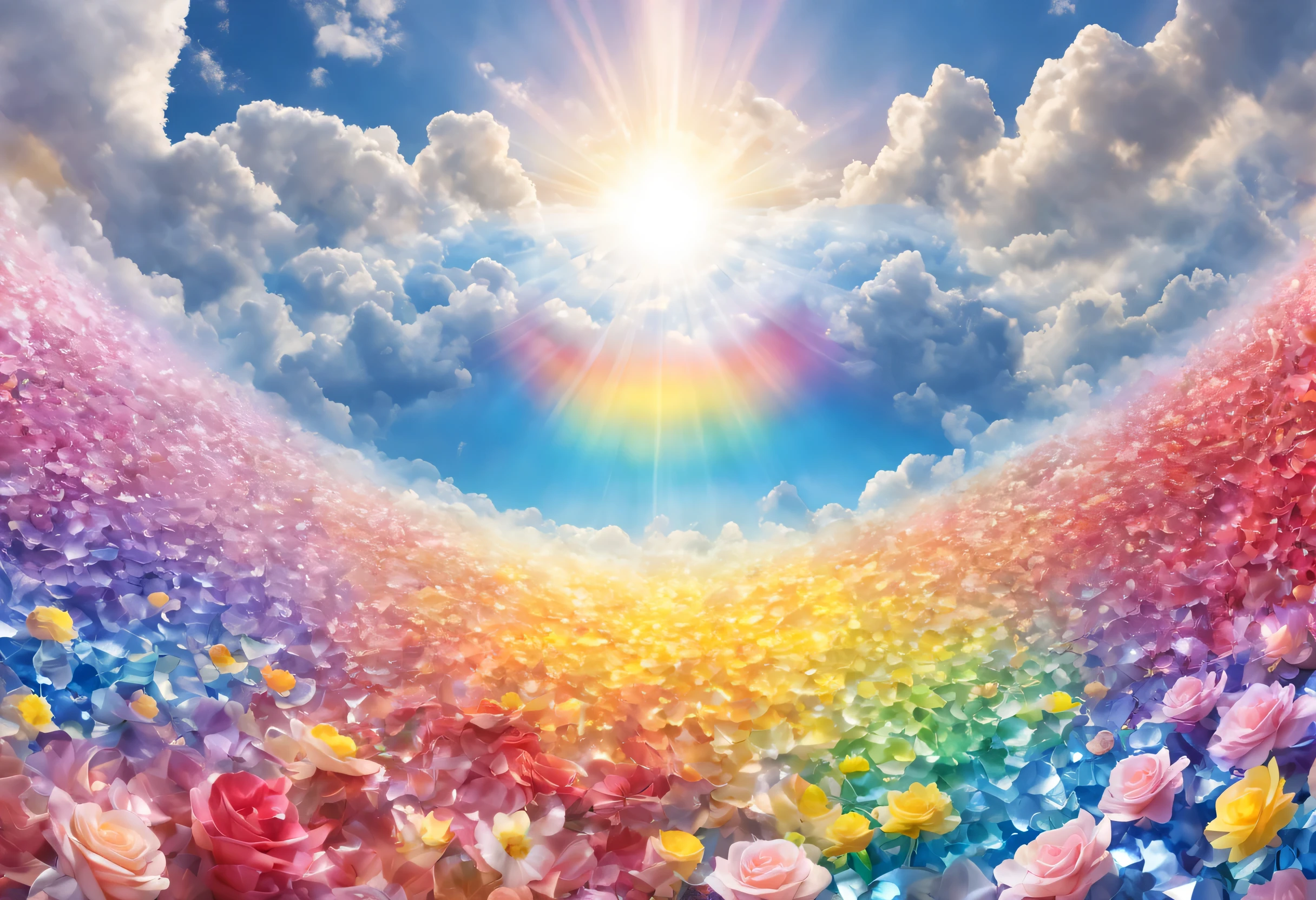 A sea of radiant roses，rainbow colored petals,Radiate the rays of the sun and moon，Crystal material，Optics，Heaven，clouds，Sunlight，Tyndall effect，reflective，refraction，Ray tracing，Super detailed，Surreal，Super real photos，best quality