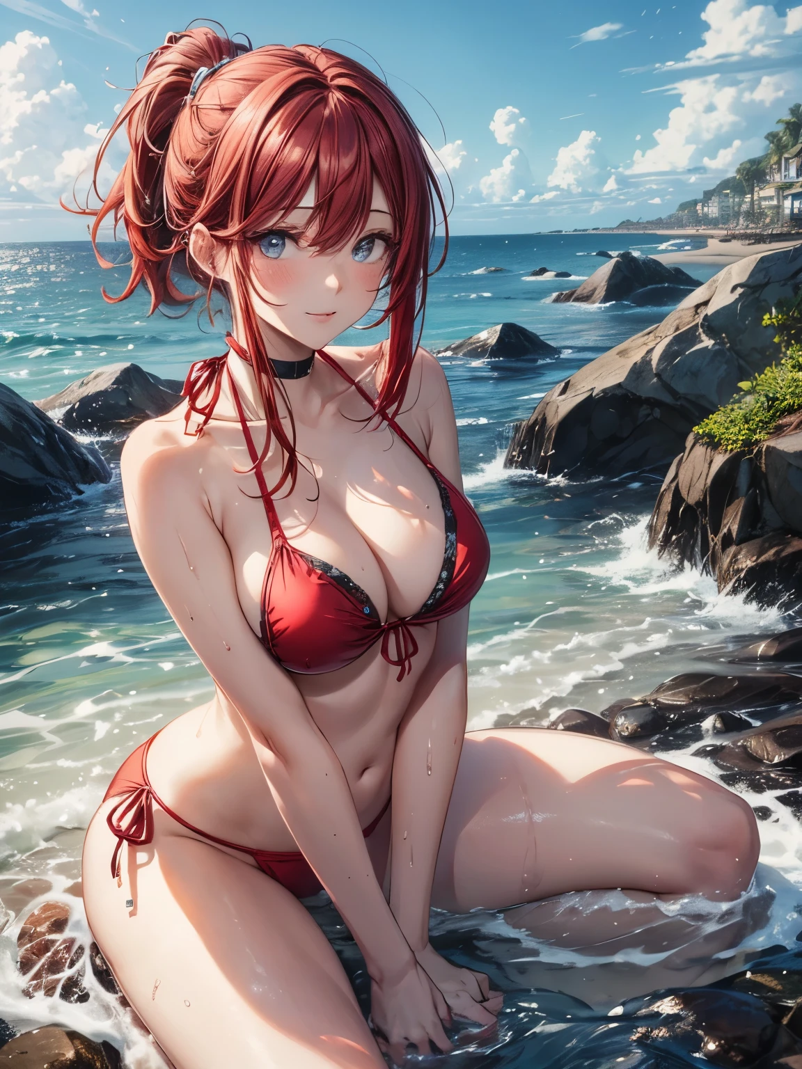 highest quality、All limbs、full finger、one beautiful woman、beautiful big breasts、bare hands、barefoot、short hair、ponytail、(red hair woman:1.3)、(((woman wearing red bikini)))、beach、clear light blue sea、big smile、sexy pose、wet textured female body、Sit on the seaside